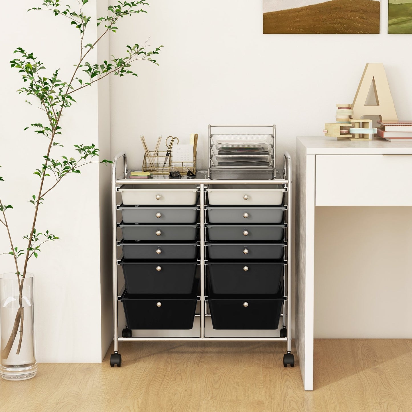 12-Drawer Rolling Storage Cart with Removable Drawers and Lockable Wheels-White