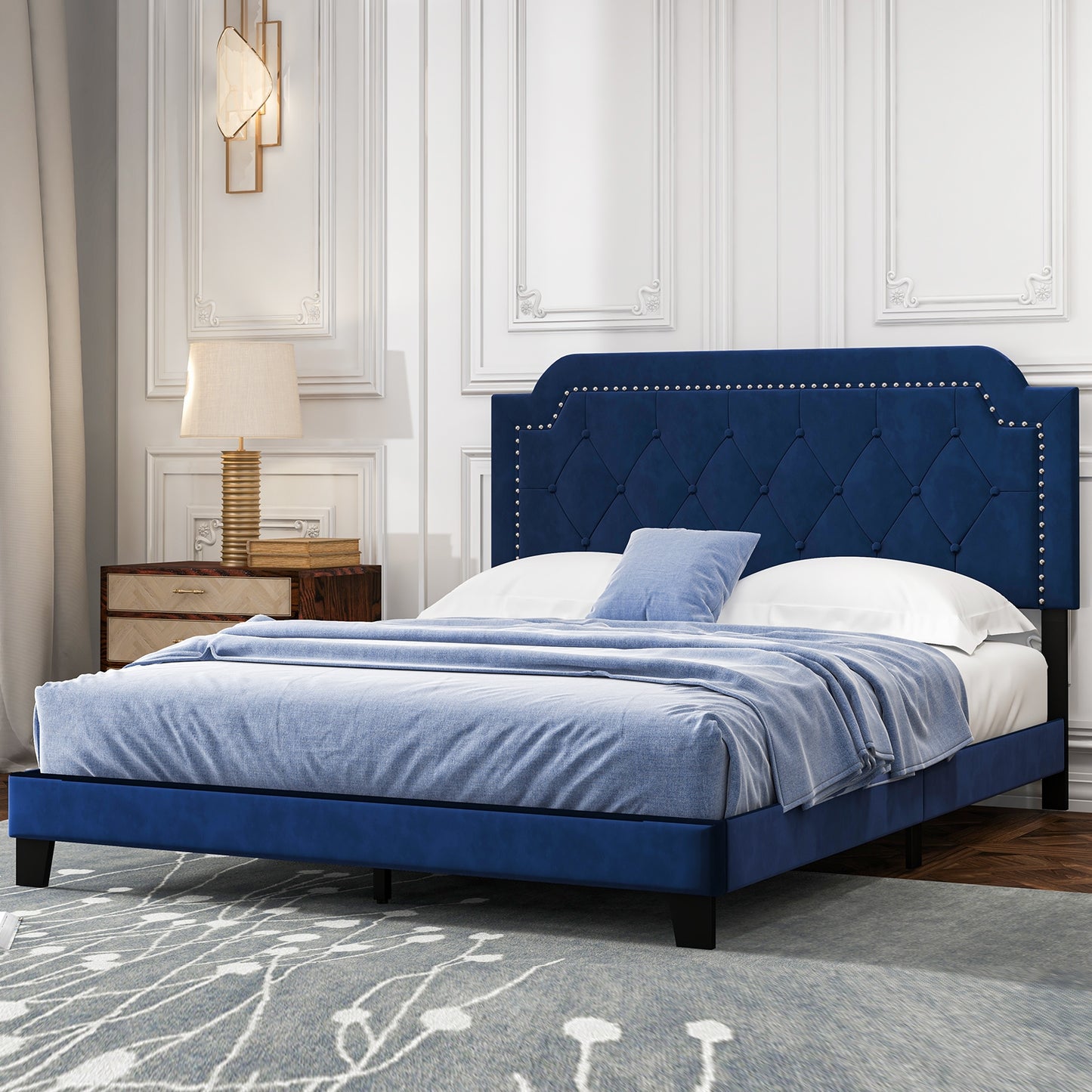 Queen Size Velvet Bed Frame with Button Tufted and Nailhead Trim Headboard-Queen Size