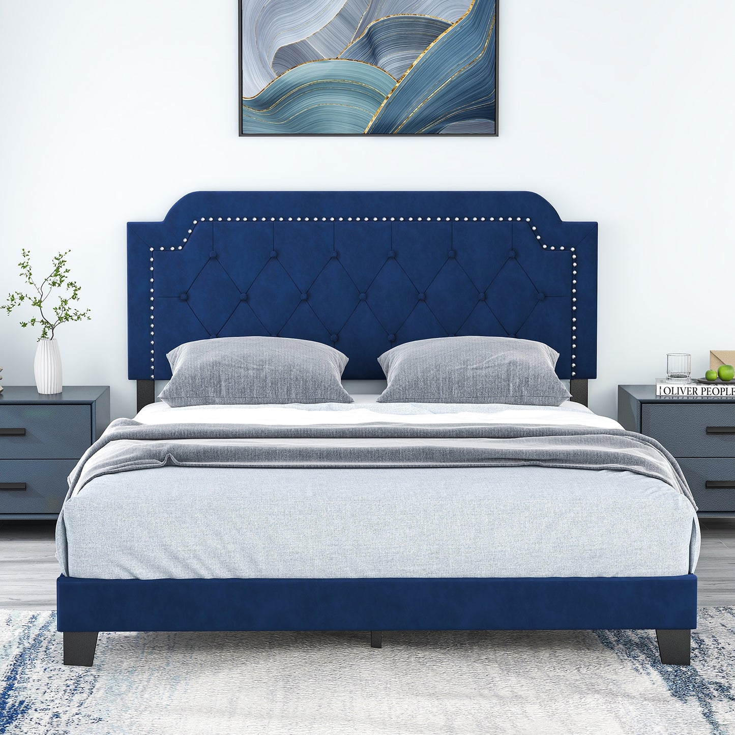 Queen Size Velvet Bed Frame with Button Tufted and Nailhead Trim Headboard-Queen Size