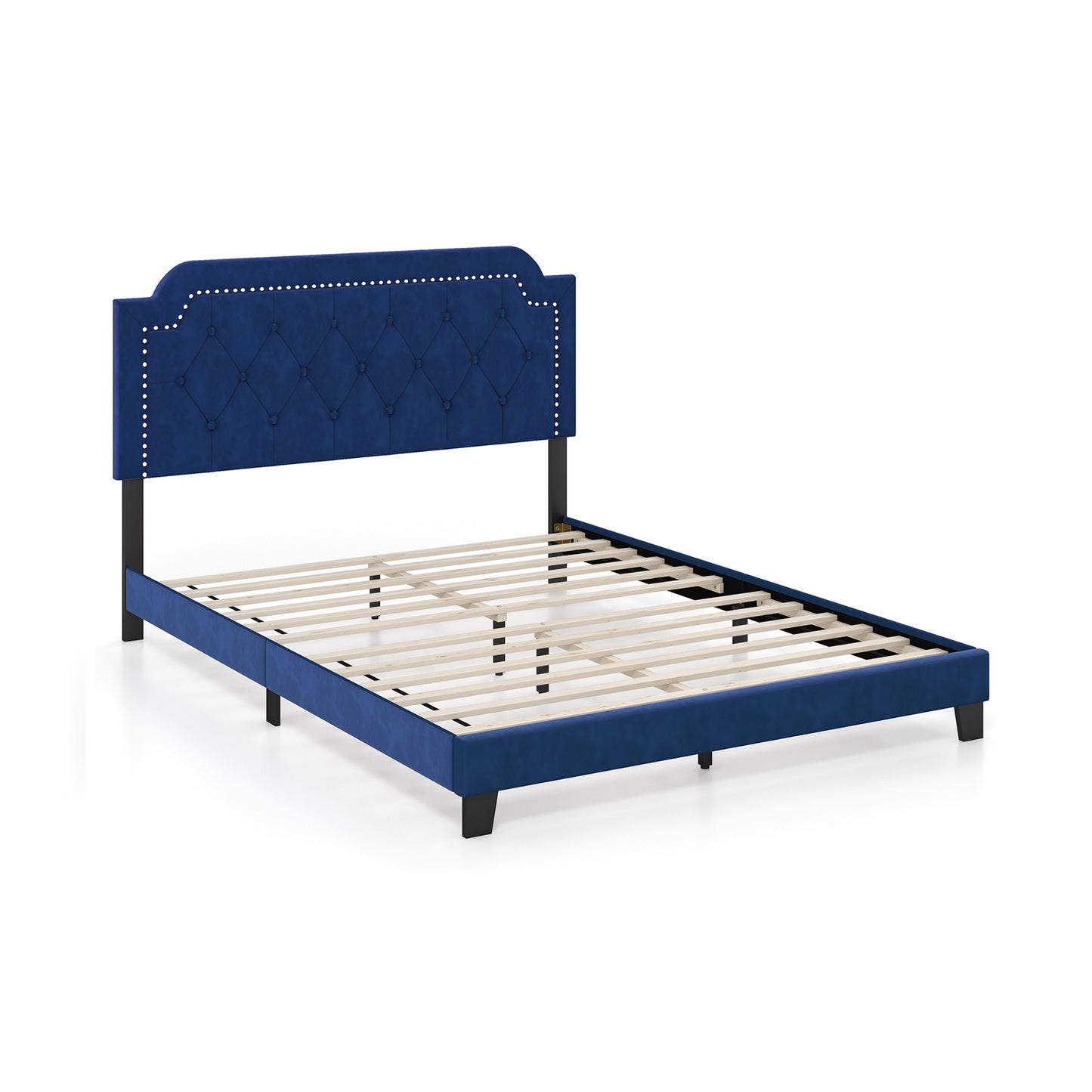 Queen Size Velvet Bed Frame with Button Tufted and Nailhead Trim Headboard-Queen Size