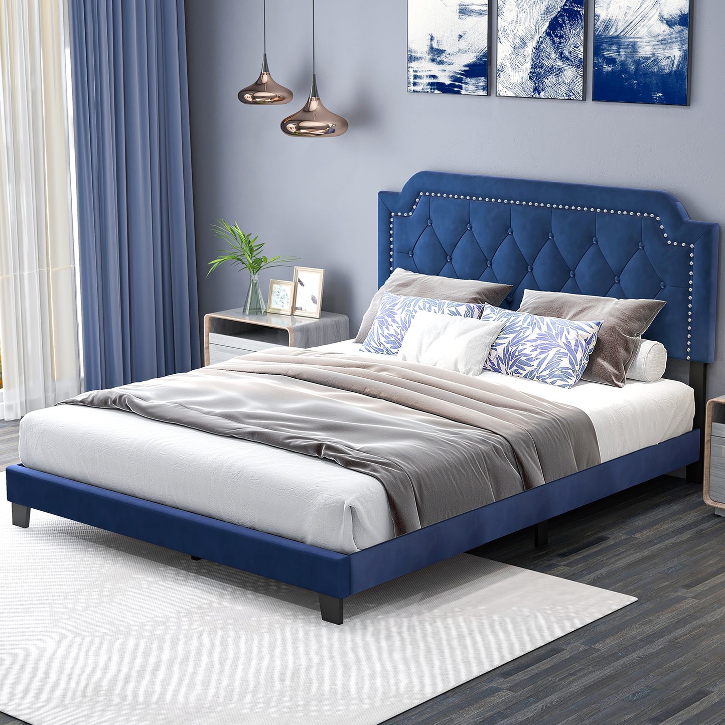 Queen Size Velvet Bed Frame with Button Tufted and Nailhead Trim Headboard-Queen Size