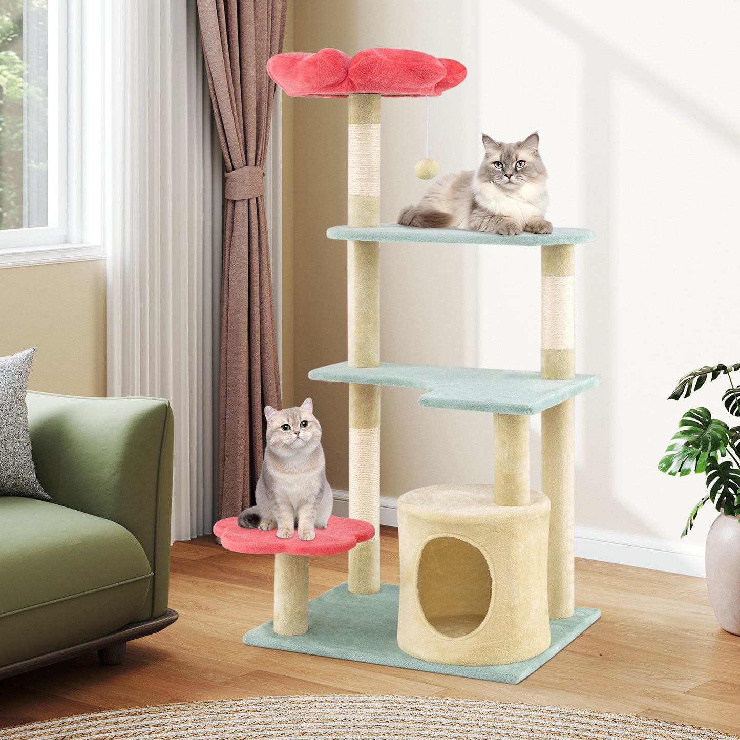 49 Inch Tall Multi-Level Aesthetic Floral Kitten Tower with Flower-Shaped Plush Padded Perch-Multicolor