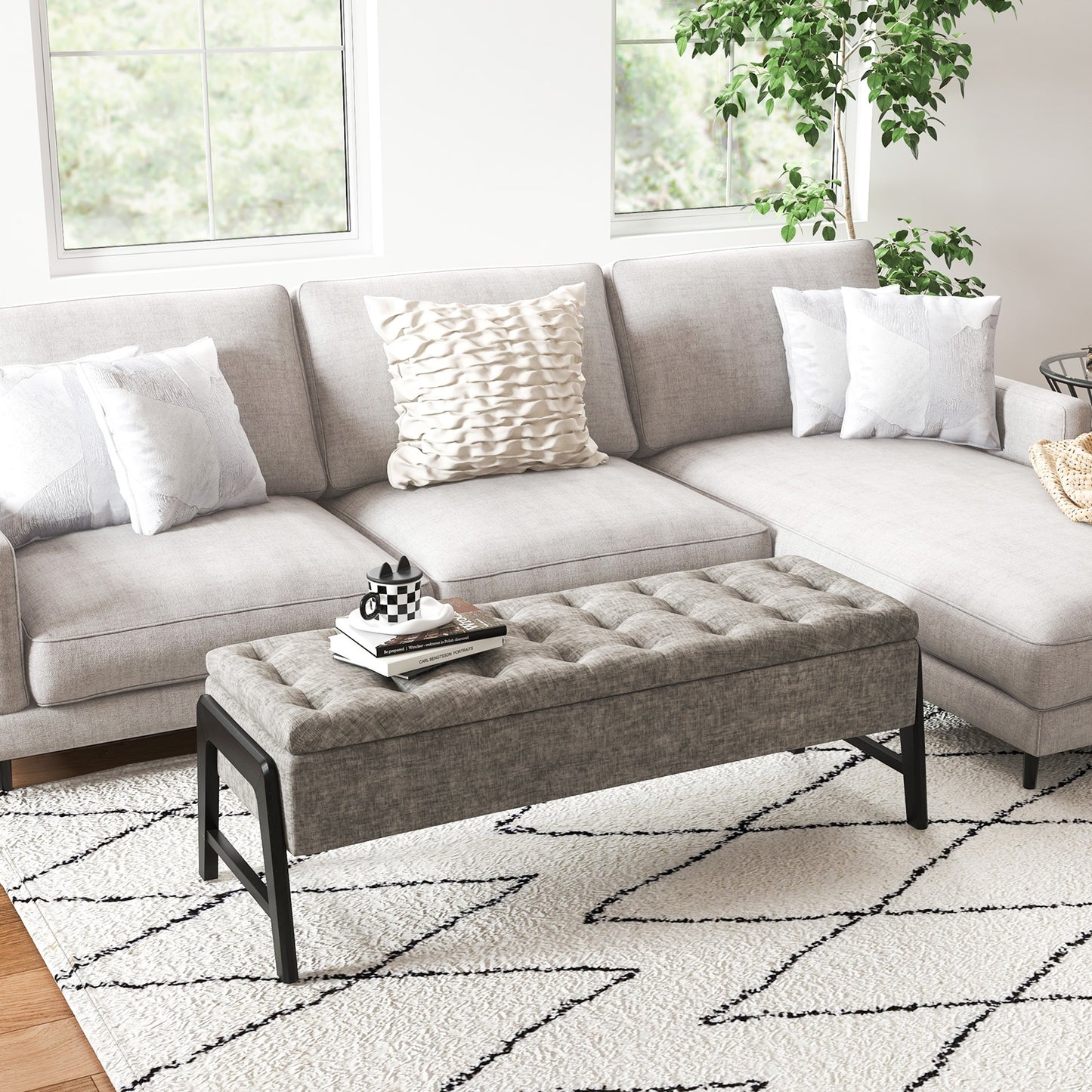 Modern Chenille Storage Bench with Solid Rubber Wood Legs-Gray