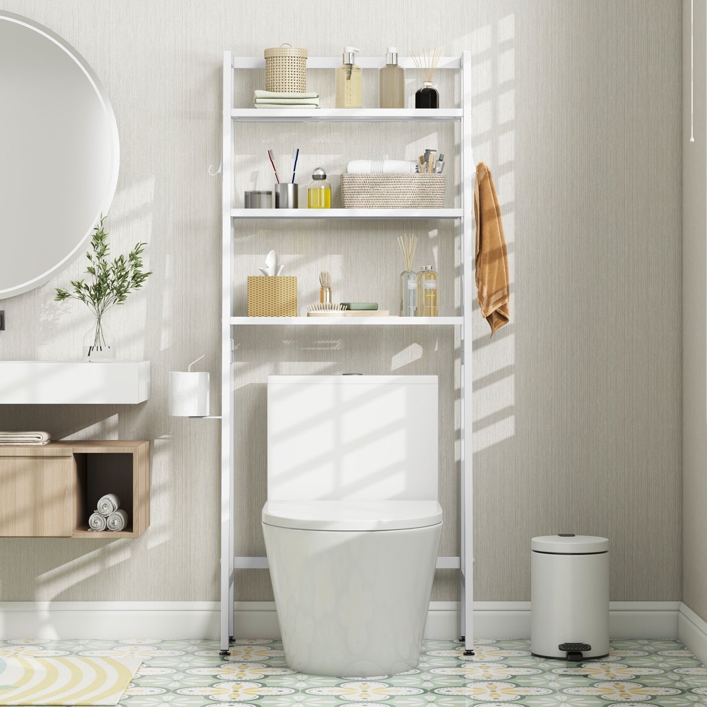 3-Tier Freestanding Over The Toilet Storage Shelf with Adjustable Bottom Bar-Black