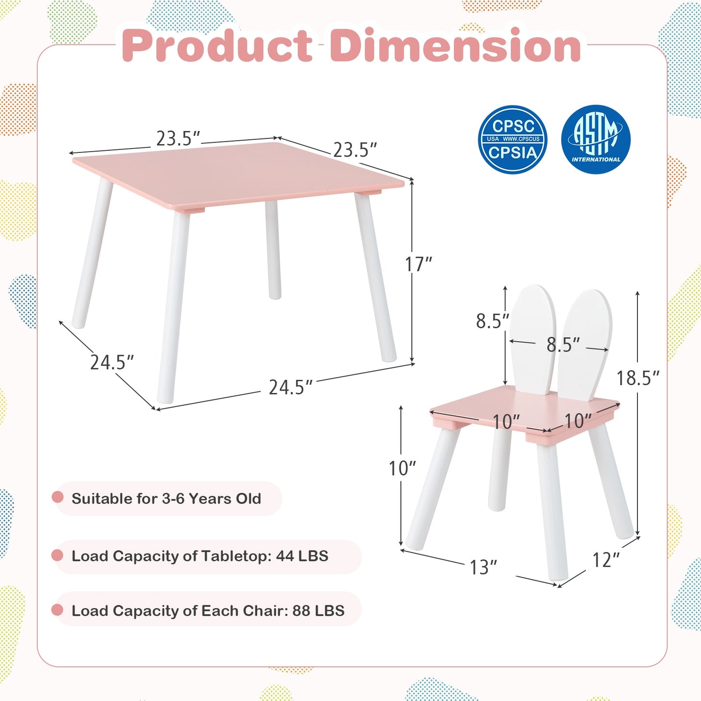 3 Pieces Kids Table and Chairs Set for Arts Crafts Snack Time-Pink