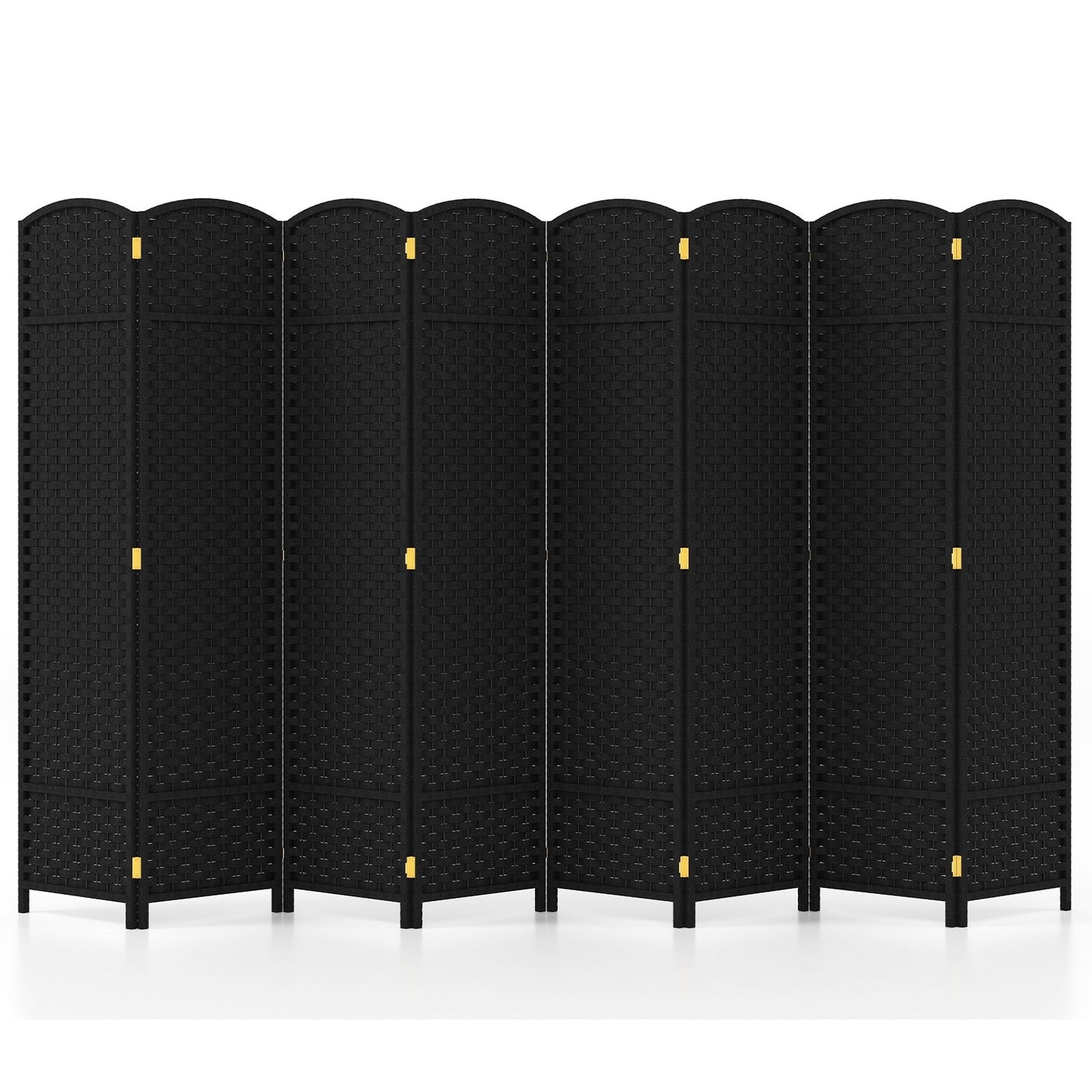 8-Panel Folding Room Divider with Hand-woven Texture and Wood Frame-Black