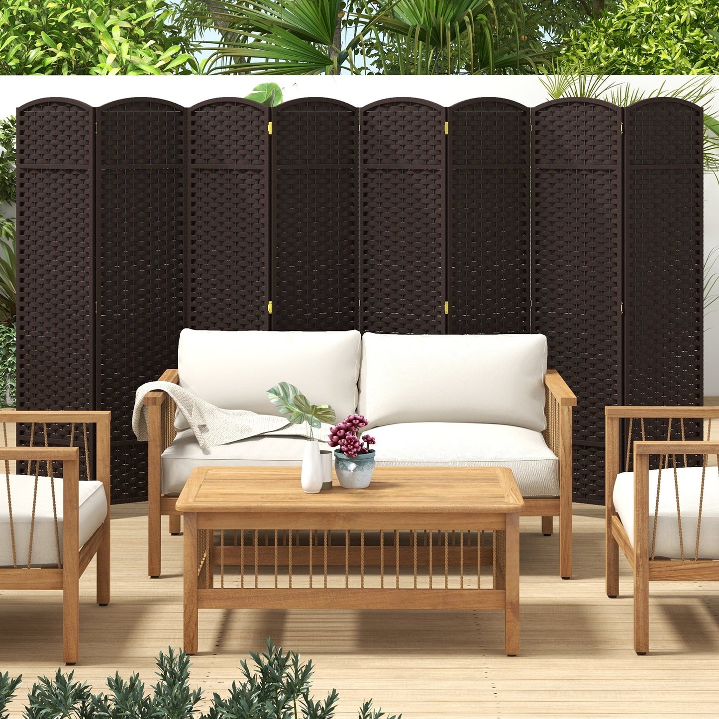 8-Panel Folding Room Divider with Hand-woven Texture and Wood Frame-Black