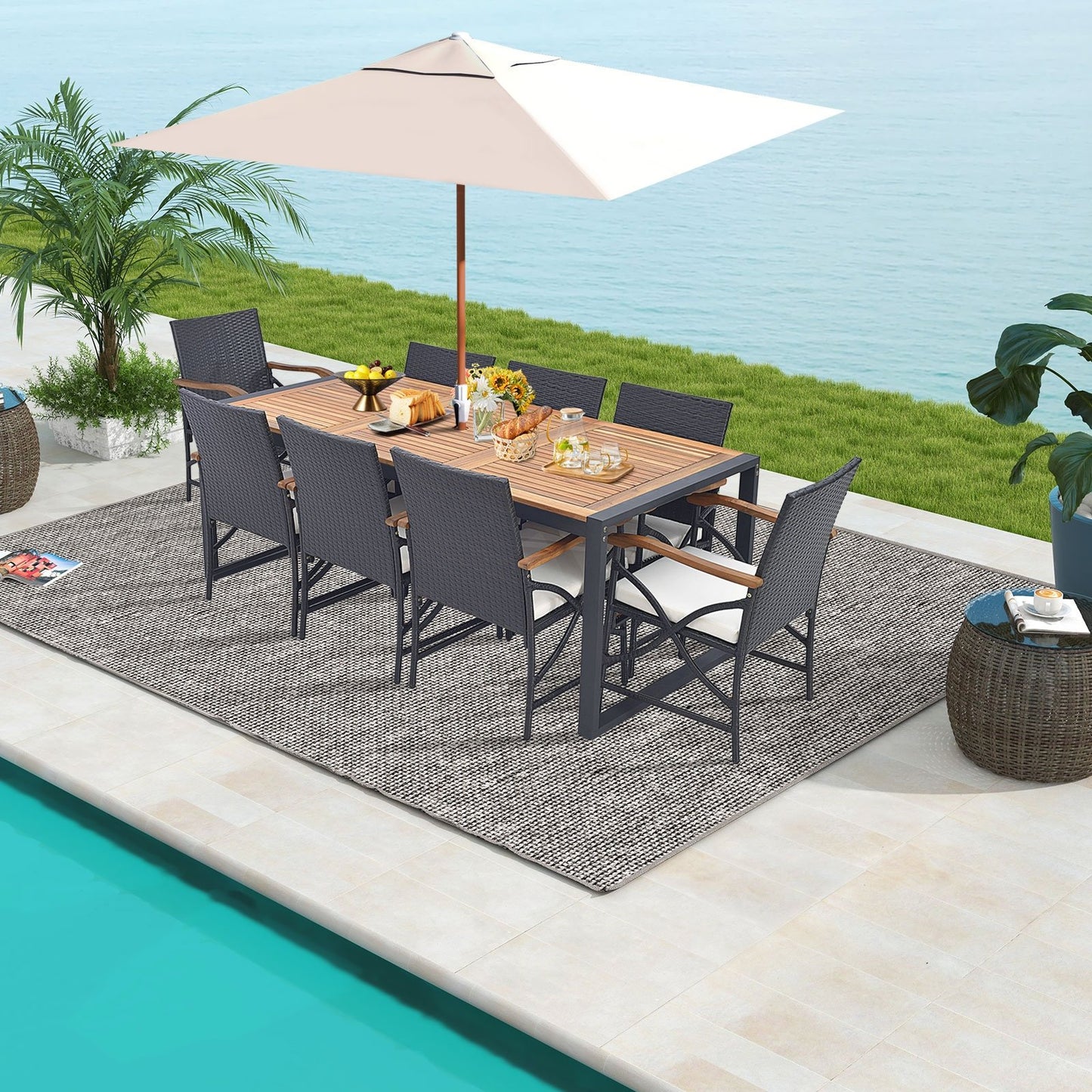9 Pieces Patio Rattan Dining Set with Acacia Wood Table for Backyard Garden-X-side Handrail