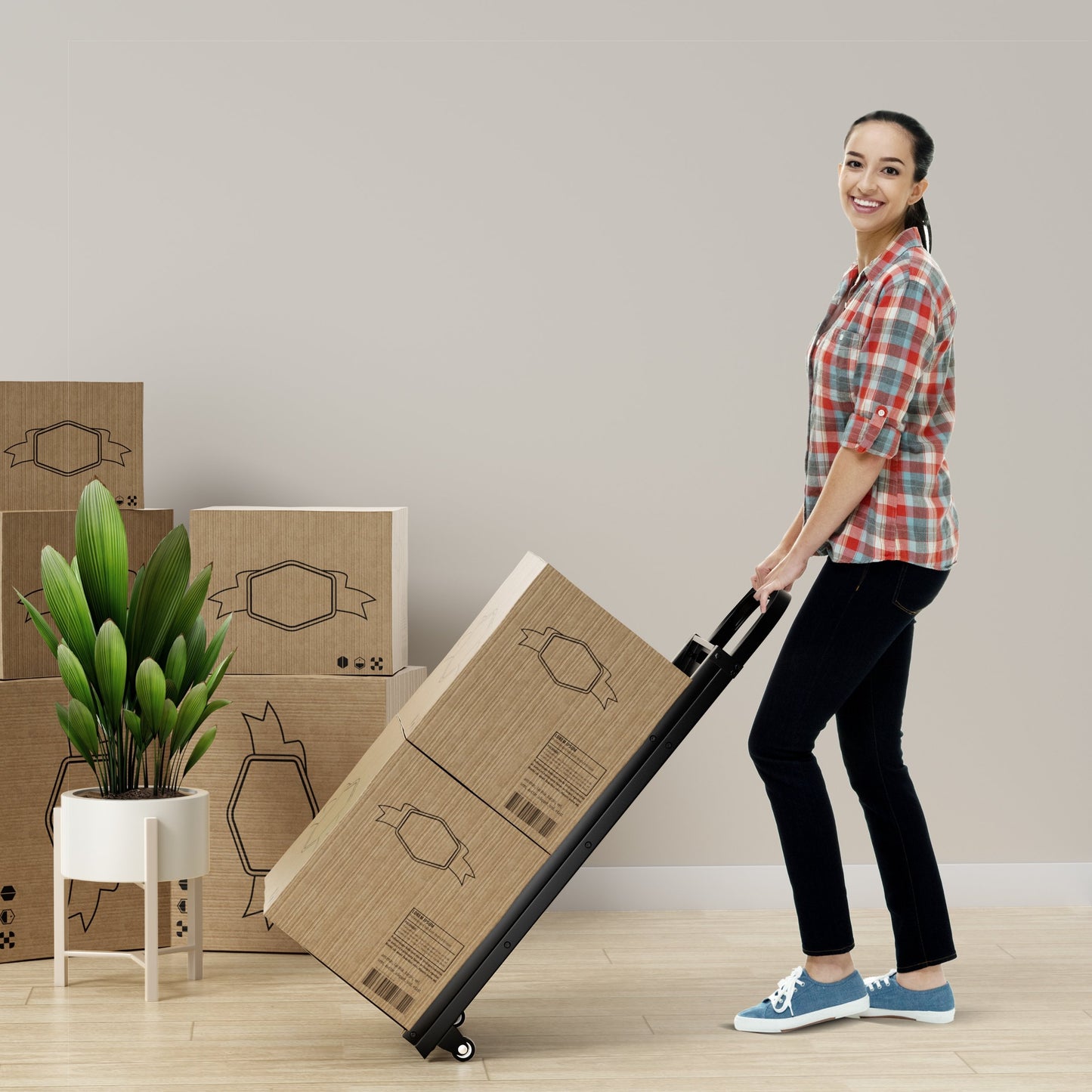 2 in 1 Hand Truck and Ladder Combo with Rubber Wheels Handle for Warehouse Garage Home