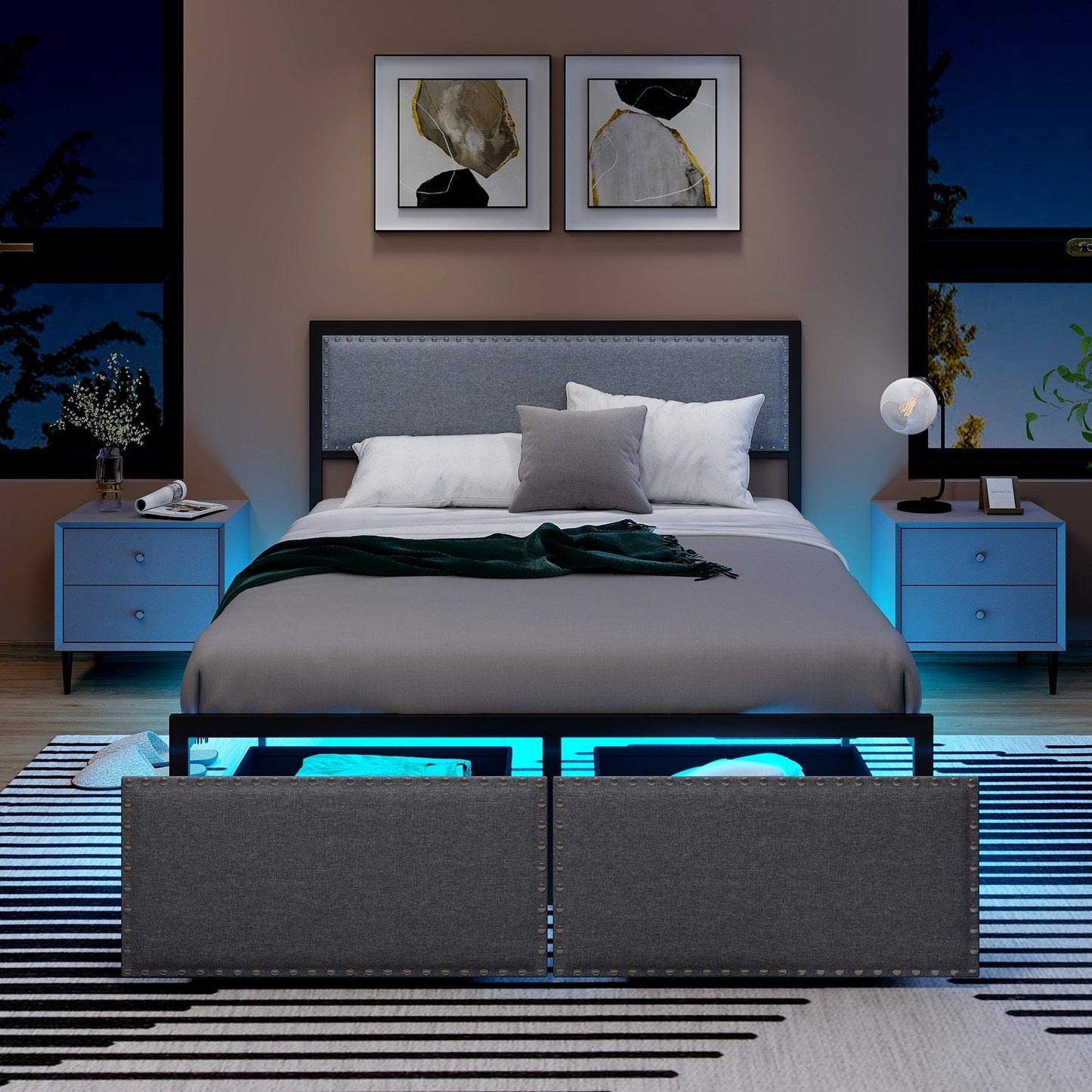 Full/Queen/Twin Size Bed Frame with LED Lights Drawer and Metal Slats-Queen Size