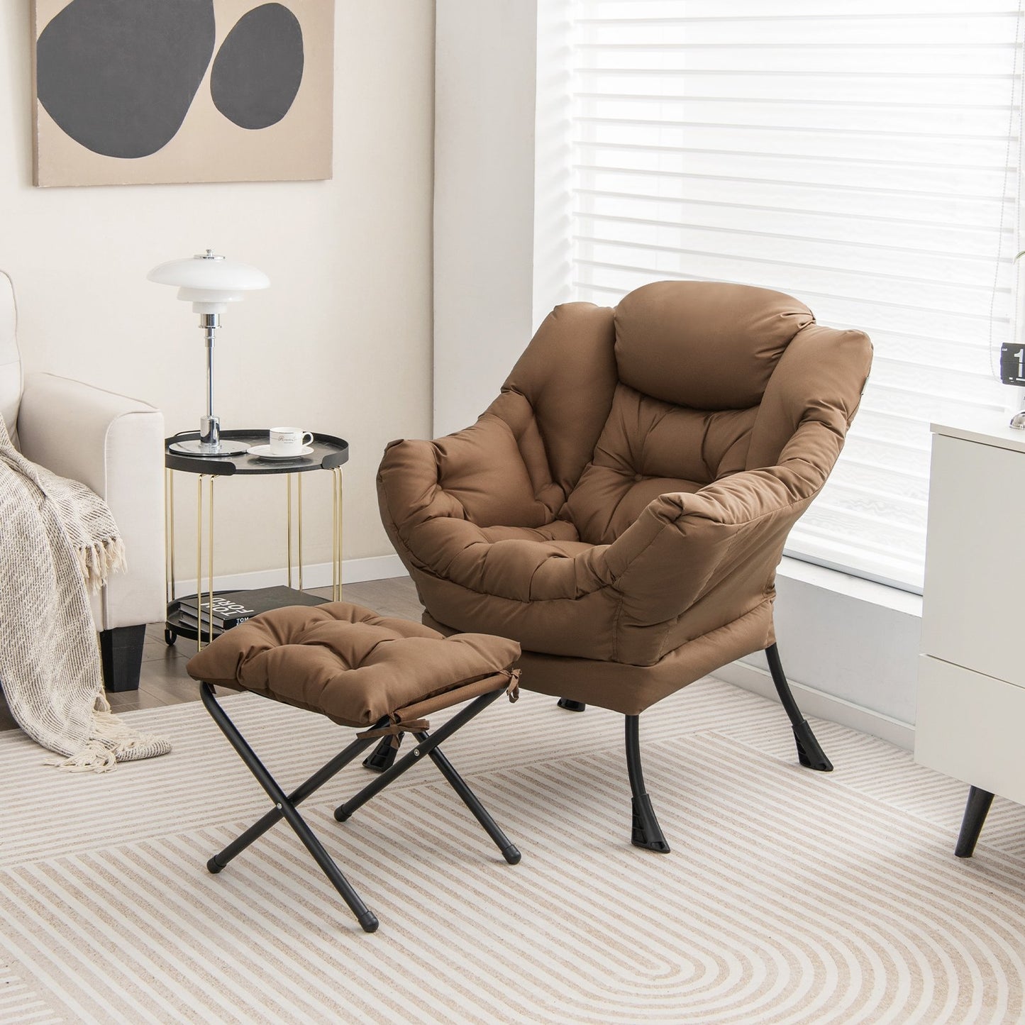 Modern Accent Sofa Chair with Folding Footrest and Side Pocket-Beige