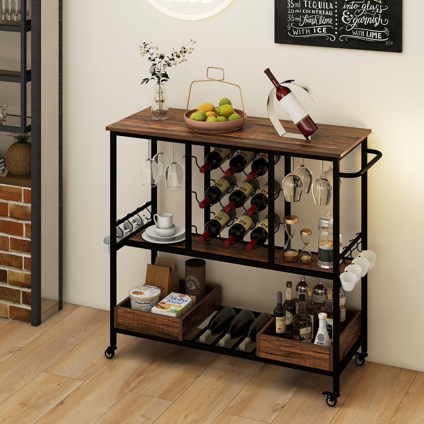 3 Tiers Bar Cart on Wheels with Glass Racks-Brown
