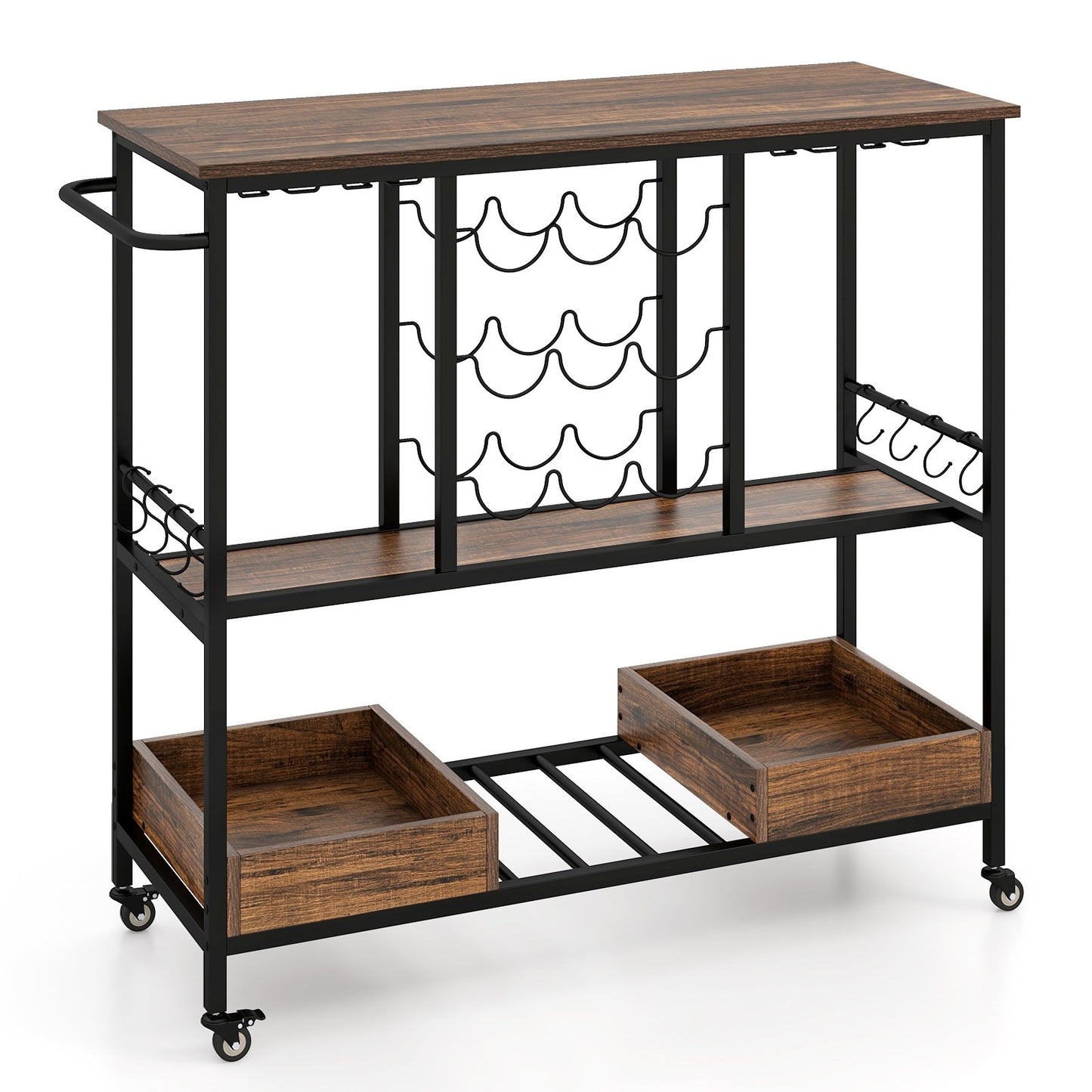 3 Tiers Bar Cart on Wheels with Glass Racks-Brown