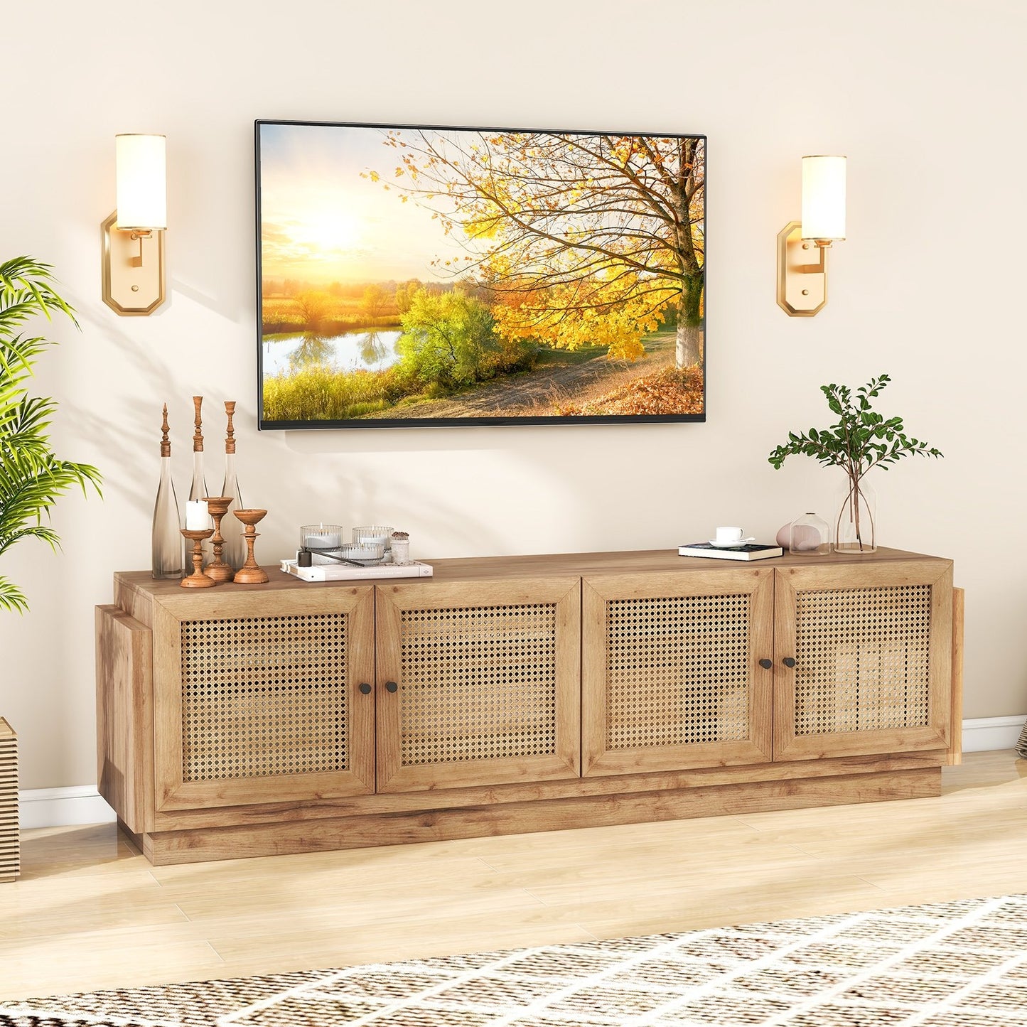 Farmhouse TV Stand for TVs up to 75 Inches with 2 Cabinets-Oak