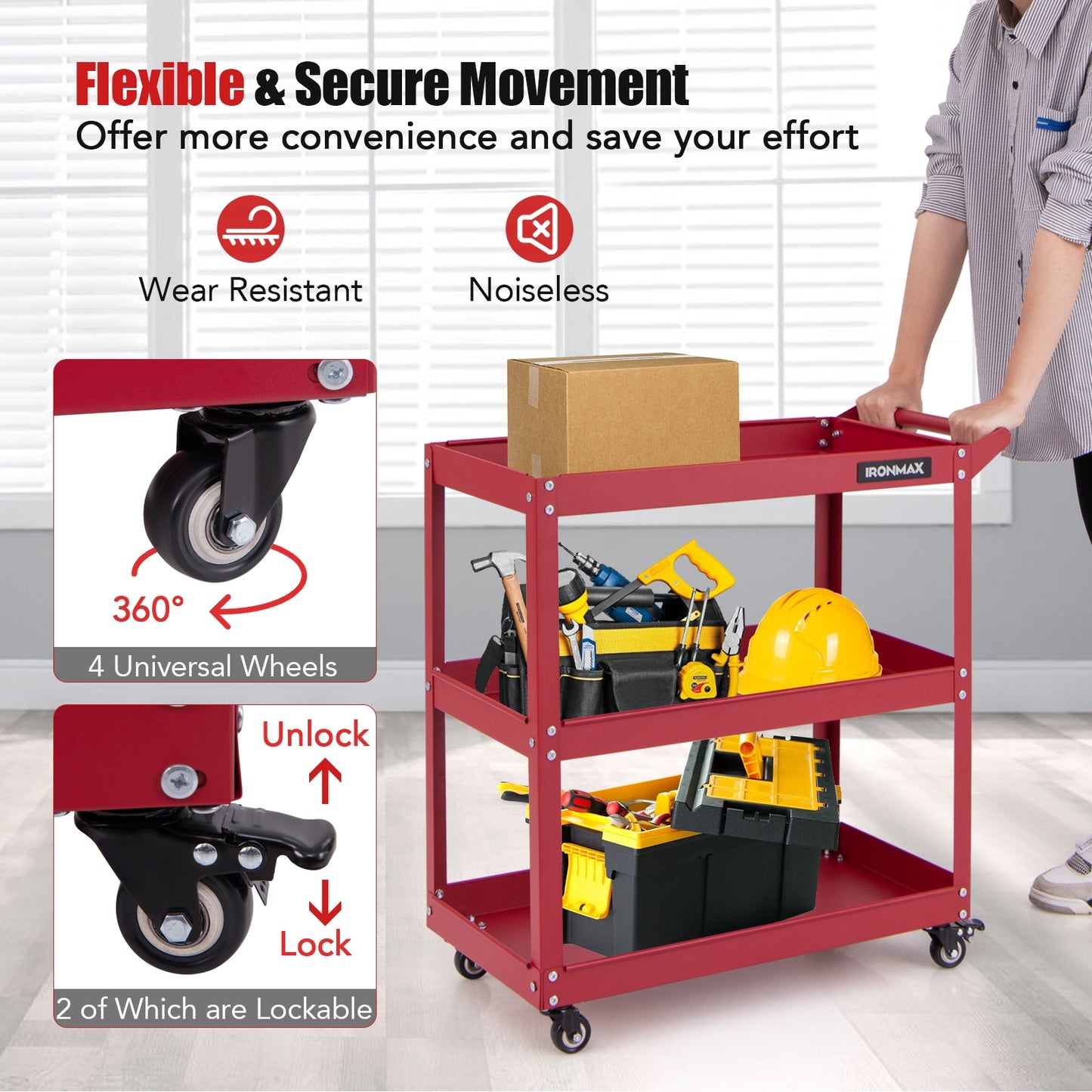 3-Tier Rolling Tool Cart with Spacious Shelves 4 Universal Wheels and 2 Brakes-Red