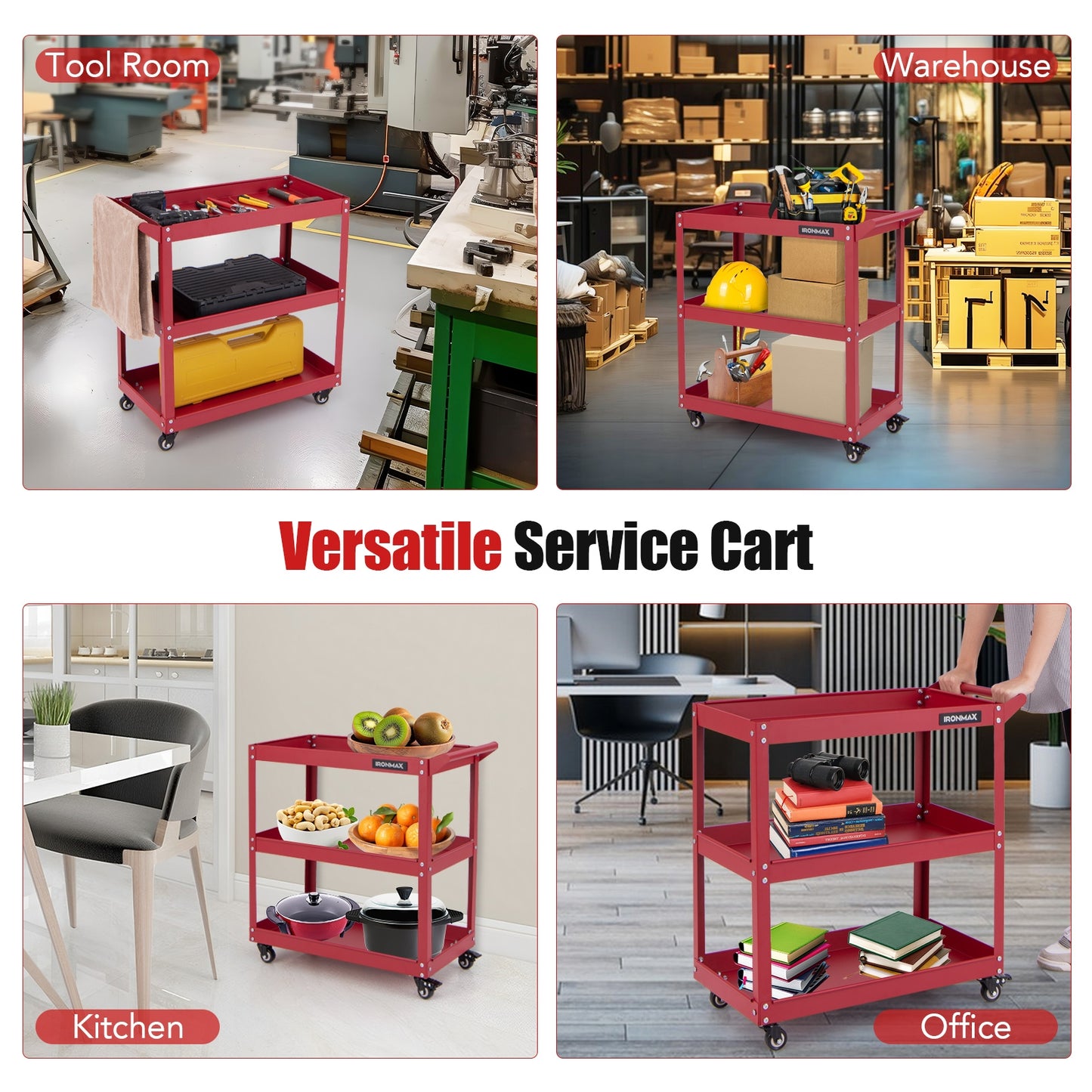 3-Tier Rolling Tool Cart with Spacious Shelves 4 Universal Wheels and 2 Brakes-Red