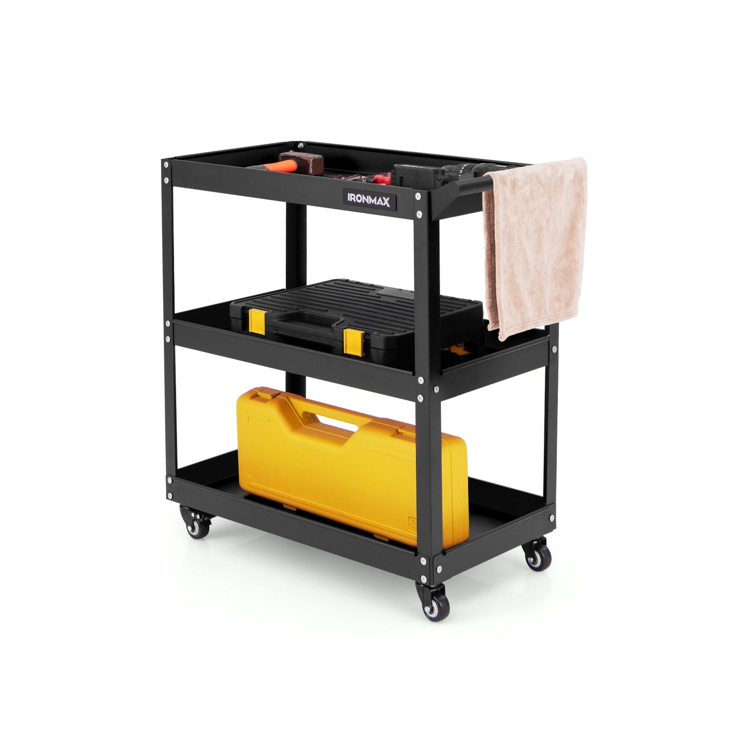 3-Tier Rolling Tool Cart with Spacious Shelves 4 Universal Wheels and 2 Brakes-Black