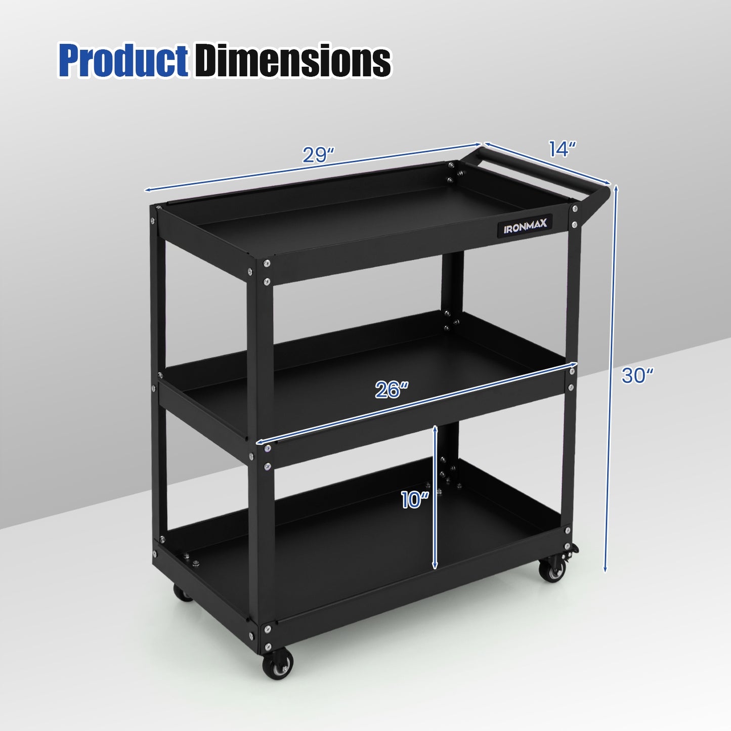3-Tier Rolling Tool Cart with Spacious Shelves 4 Universal Wheels and 2 Brakes-Black