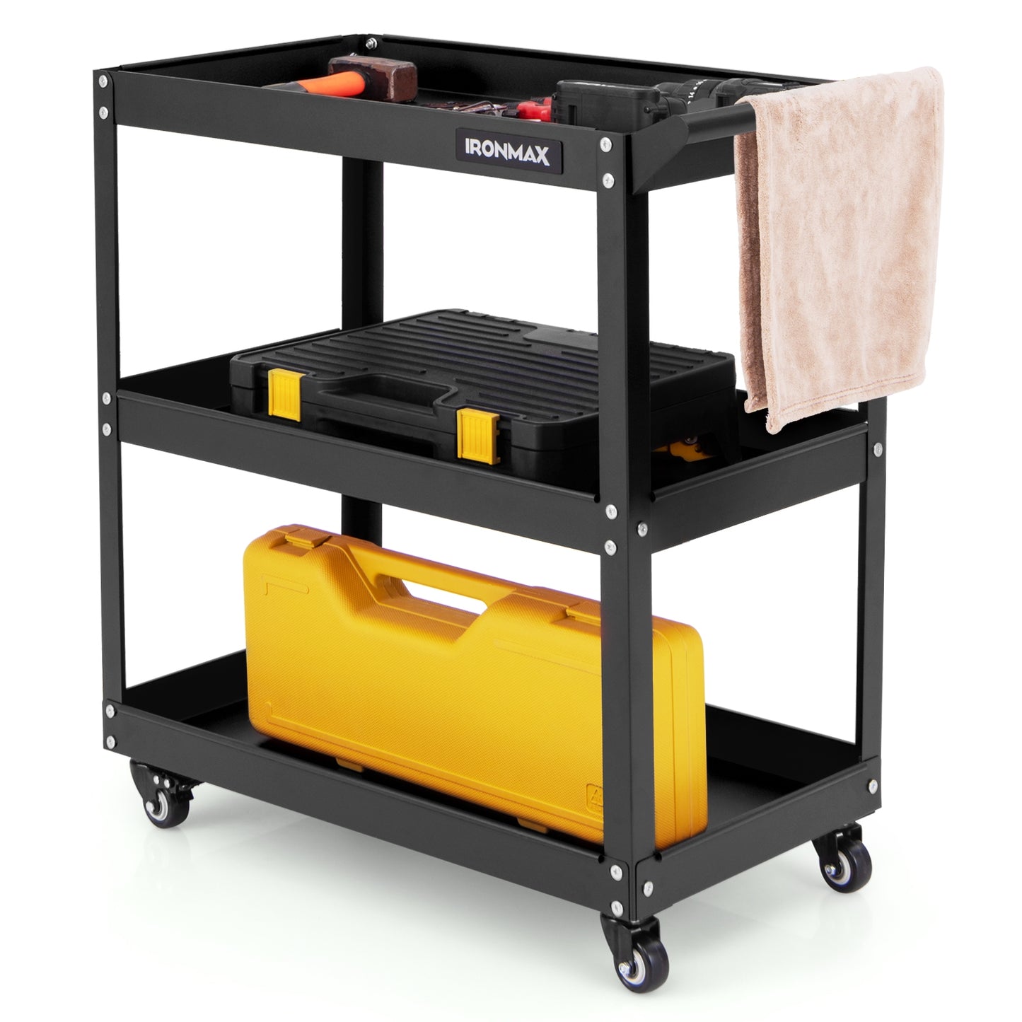 3-Tier Rolling Tool Cart with Spacious Shelves 4 Universal Wheels and 2 Brakes-Black