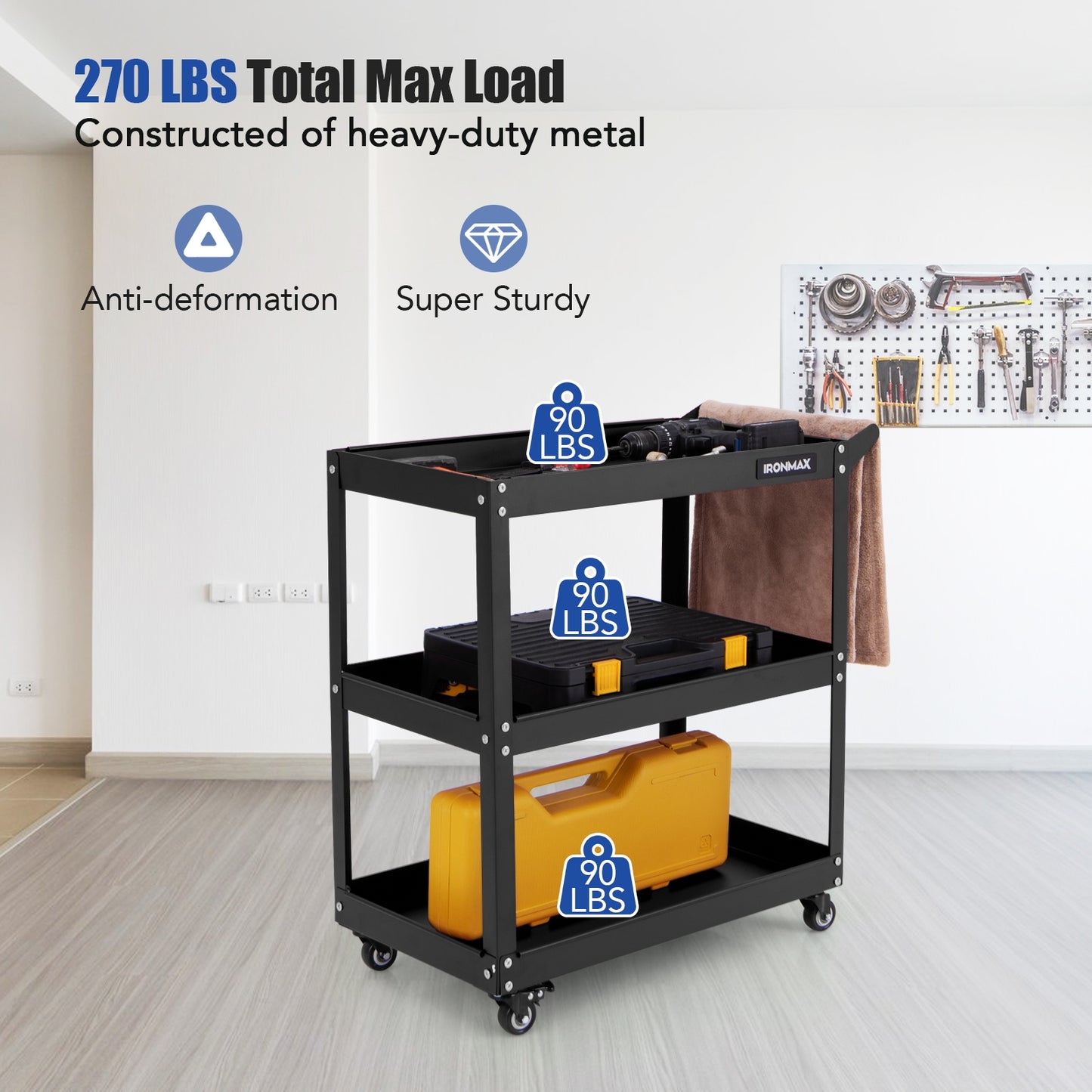3-Tier Rolling Tool Cart with Spacious Shelves 4 Universal Wheels and 2 Brakes-Black