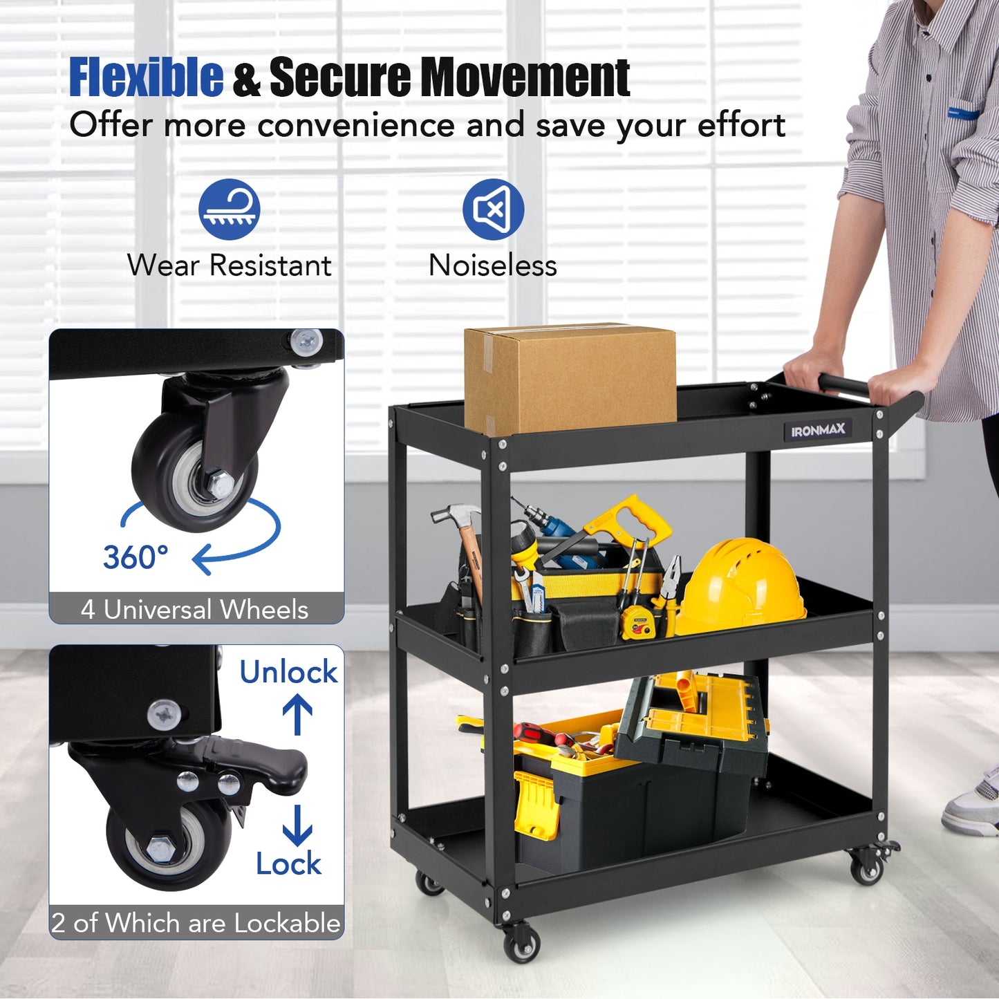 3-Tier Rolling Tool Cart with Spacious Shelves 4 Universal Wheels and 2 Brakes-Black