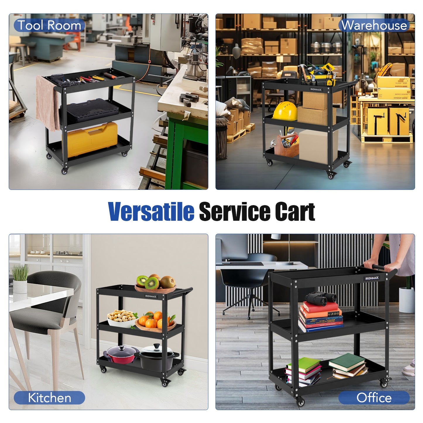 3-Tier Rolling Tool Cart with Spacious Shelves 4 Universal Wheels and 2 Brakes-Black