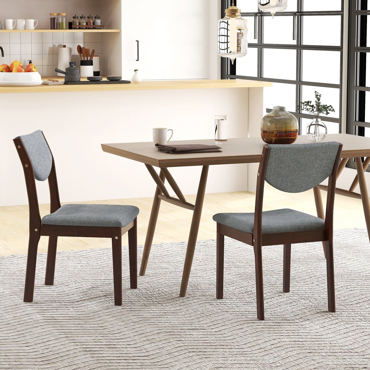 Set of 2 Wood Kitchen Chairs with Faux Leather Upholstered Seat-Beige