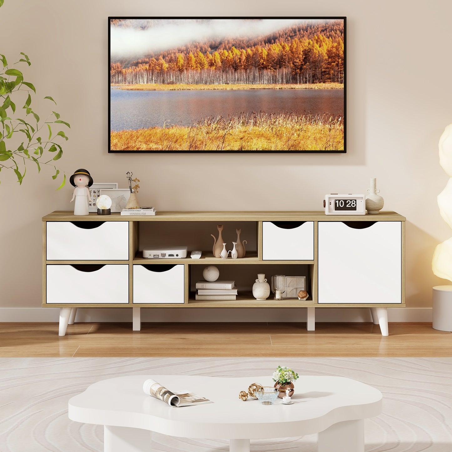 TV Stand for TVs up to 55” Television Cabinet w/ 4 Drawers & 2 Open Shelves-Oak
