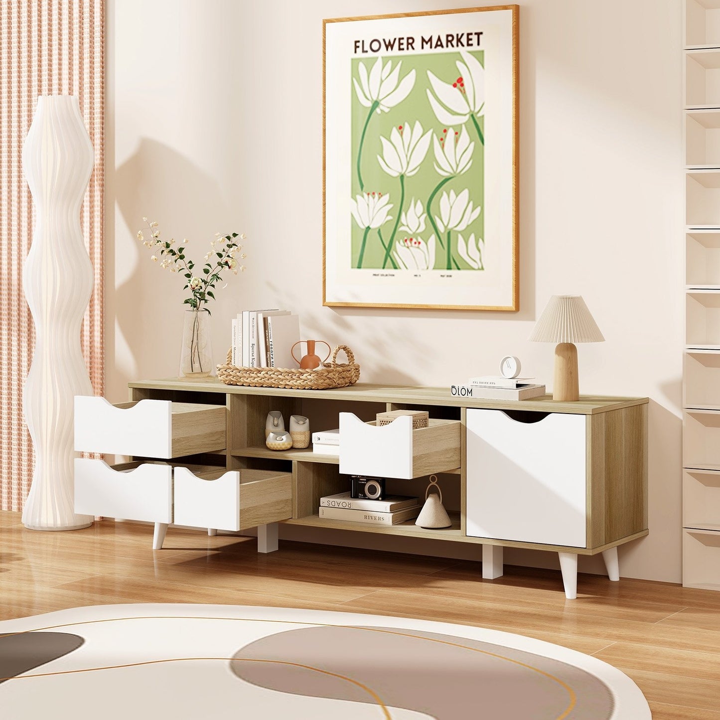 TV Stand for TVs up to 55” Television Cabinet w/ 4 Drawers & 2 Open Shelves-Oak