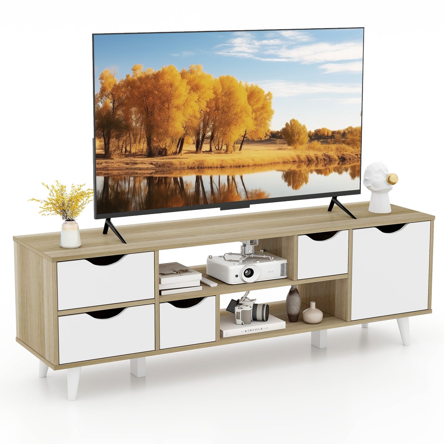 TV Stand for TVs up to 55” Television Cabinet w/ 4 Drawers & 2 Open Shelves-Oak