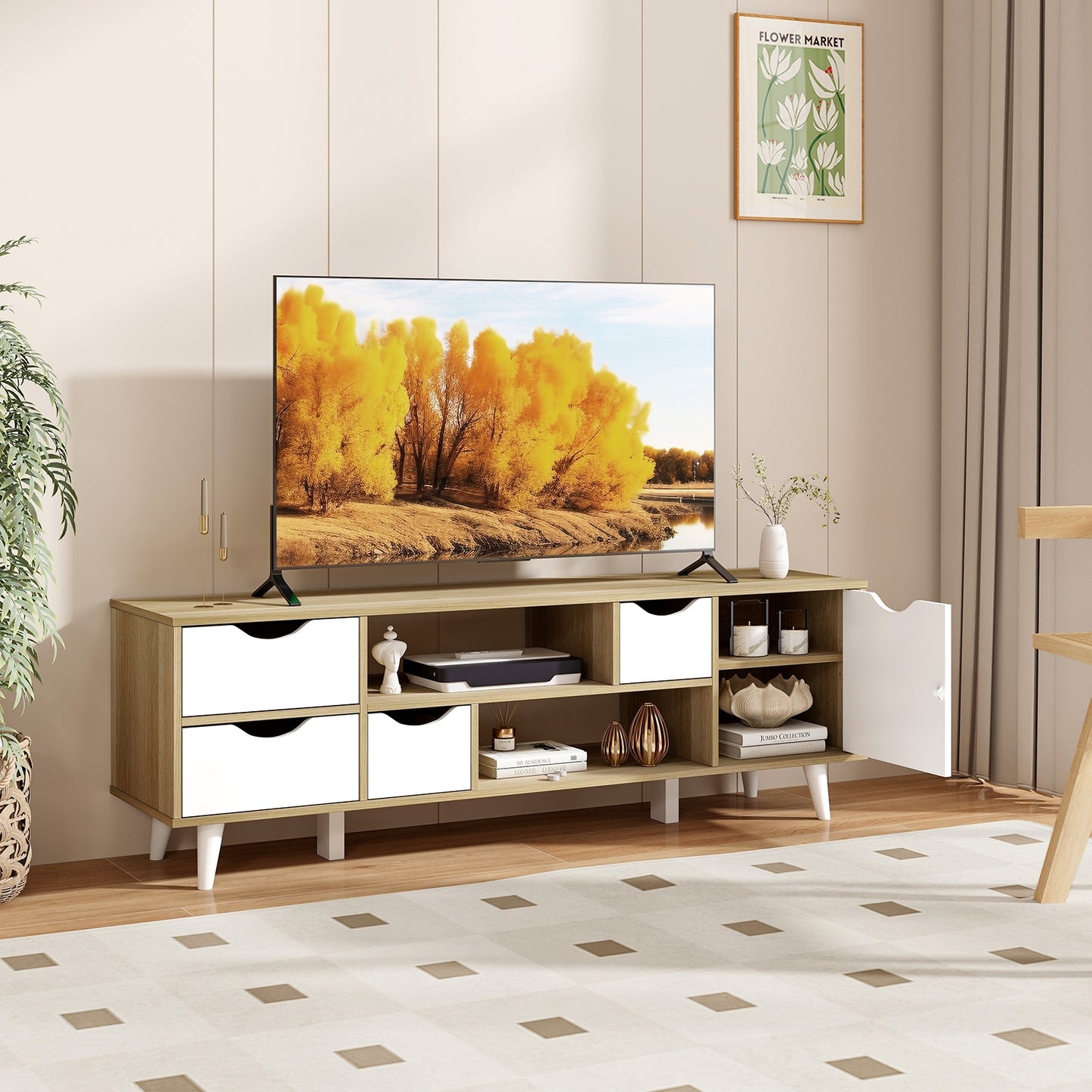 TV Stand for TVs up to 55” Television Cabinet w/ 4 Drawers & 2 Open Shelves-Oak