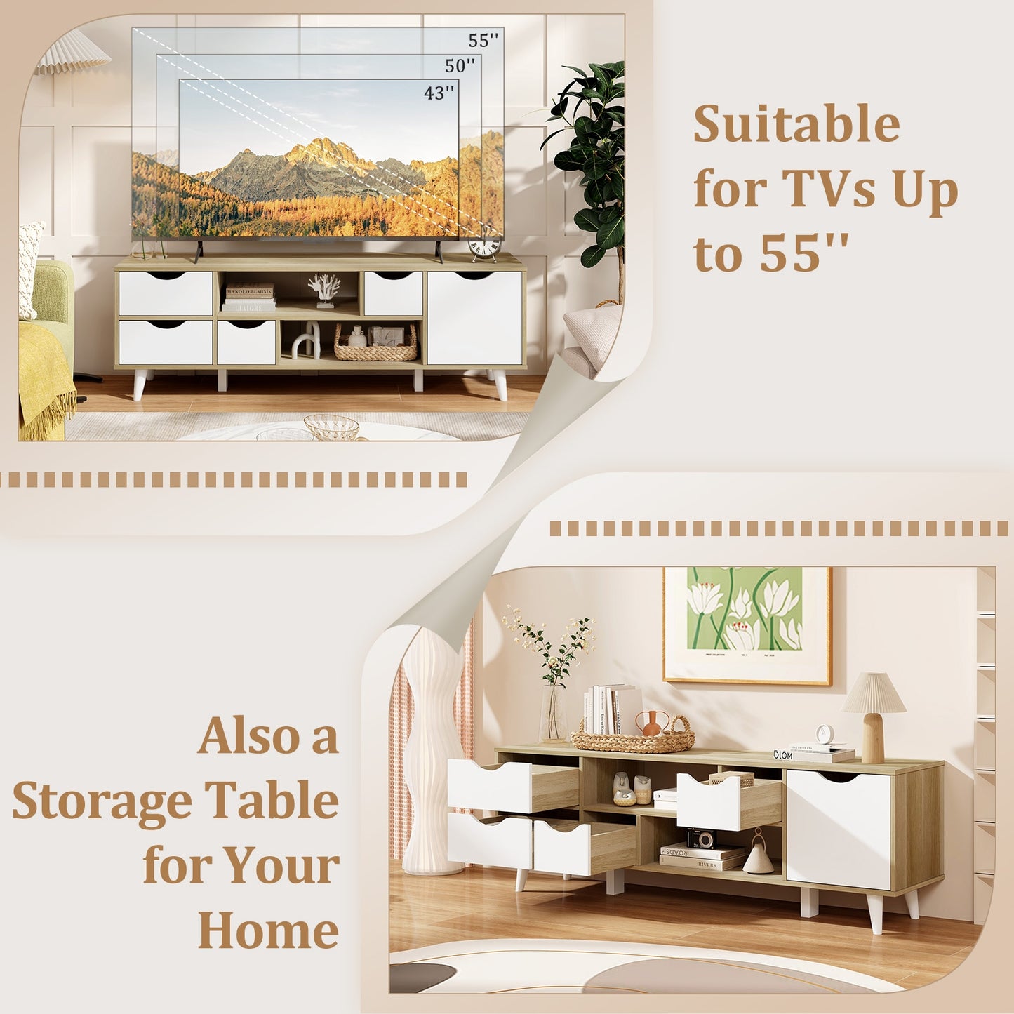 TV Stand for TVs up to 55” Television Cabinet w/ 4 Drawers & 2 Open Shelves-Oak