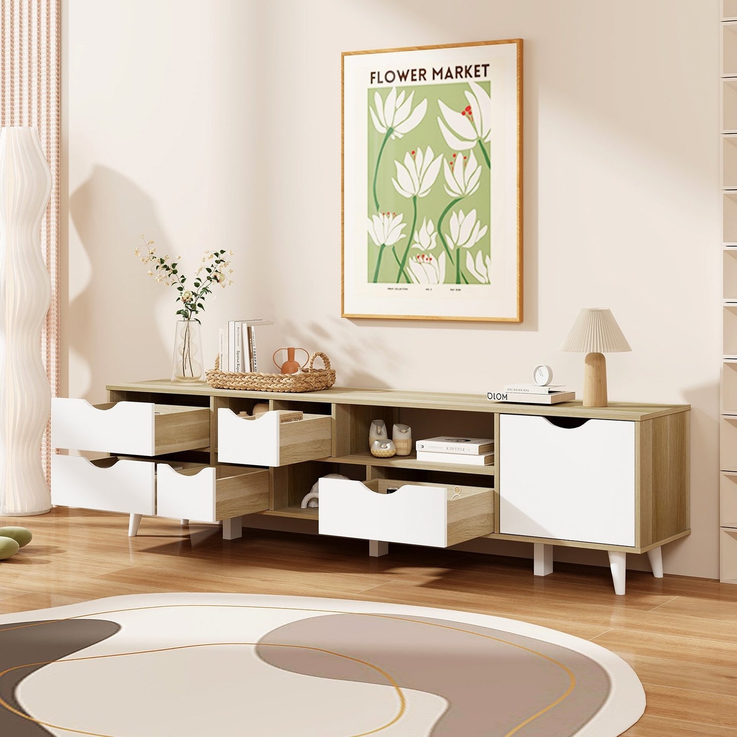 TV Stand for TVs up to 65” Television Cabinet w/ 5 Drawers & 3 Open Shelves-Oak