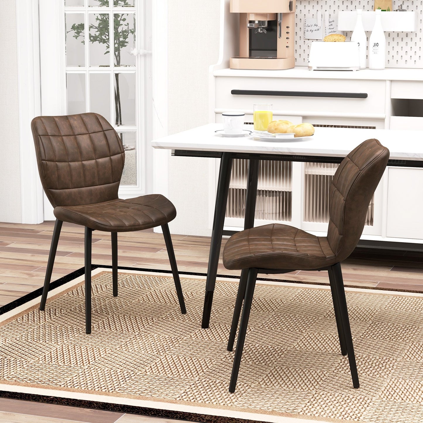 Dining Chairs Set of 2 with Padded Back Metal Legs and Adjustable Foot Pads-Brown
