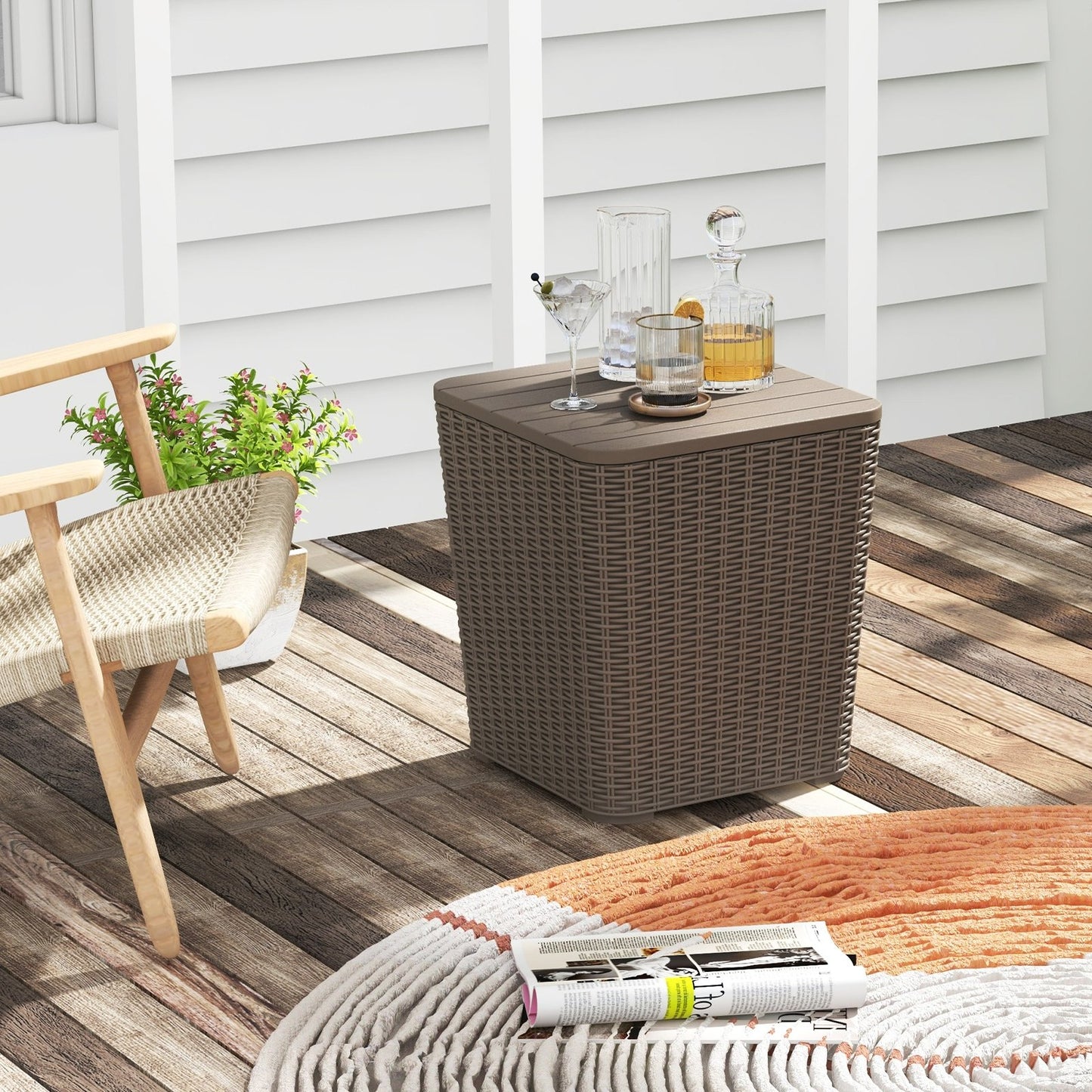 Outdoor Resin Storage Side Table with Removable Lid and Wicker-woven Accent-Black