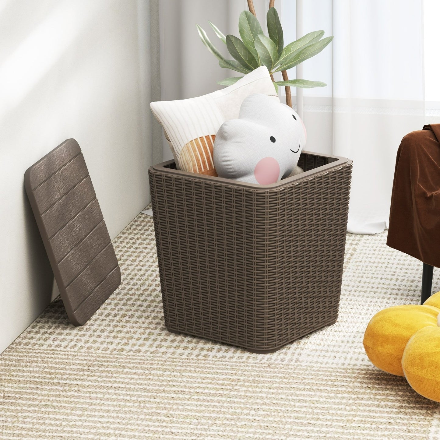 Outdoor Resin Storage Side Table with Removable Lid and Wicker-woven Accent-Black