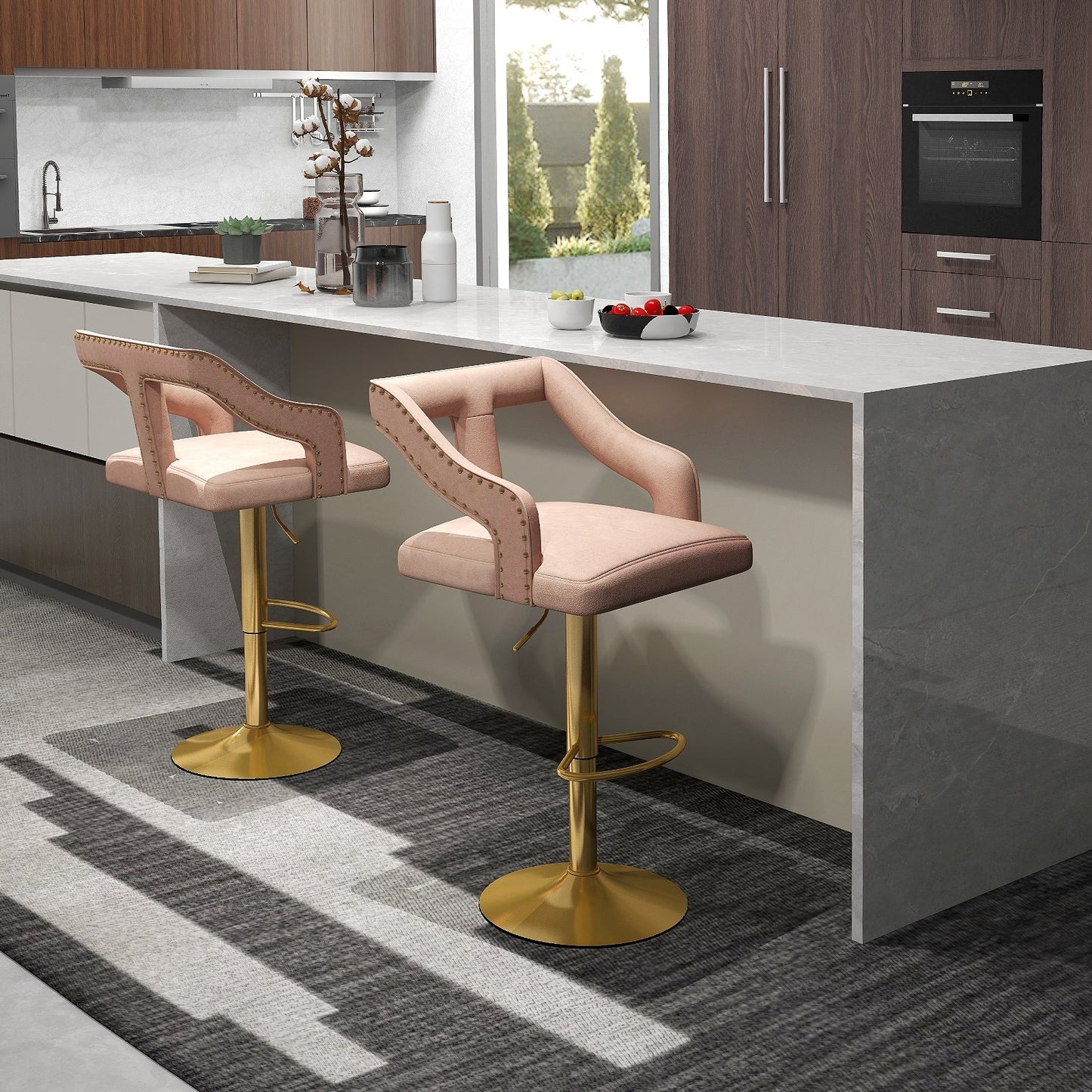 Set of 2 Bar Chairs with Footrest and 2-Layer Electroplated Metal Base-Gray