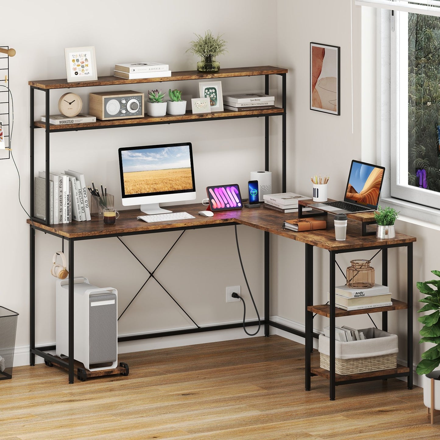 L-Shaped Reversible Gaming Desk with LED Strip and Power Outlets Hutch Monitor Stand-Black