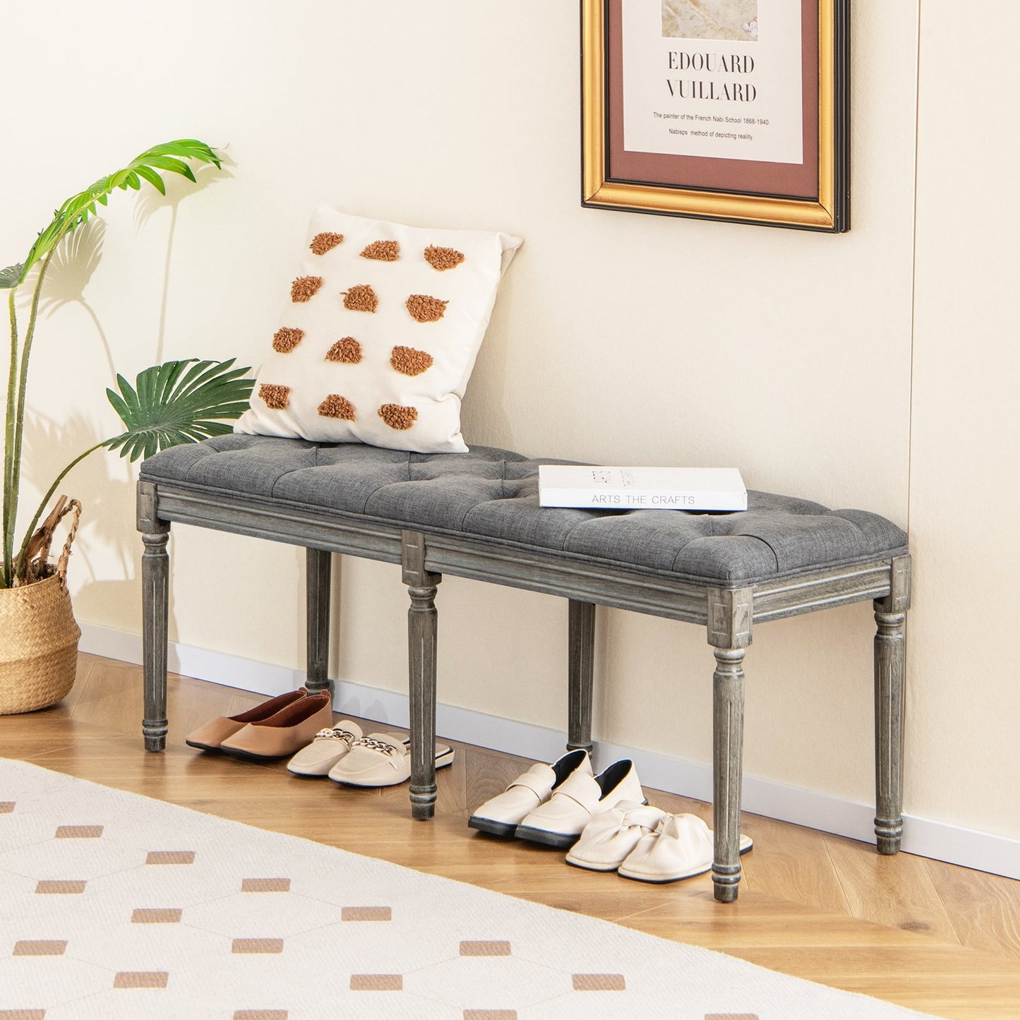 French Vintage Entryway Bench 47 Inch Upholstered Dining Bench-Beige
