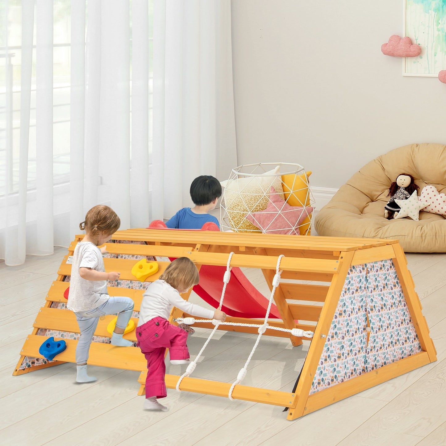 5-in-1 Jungle Gym Wooden Indoor Playground with Slide Rock Climbing Wall Rope Wall Climber