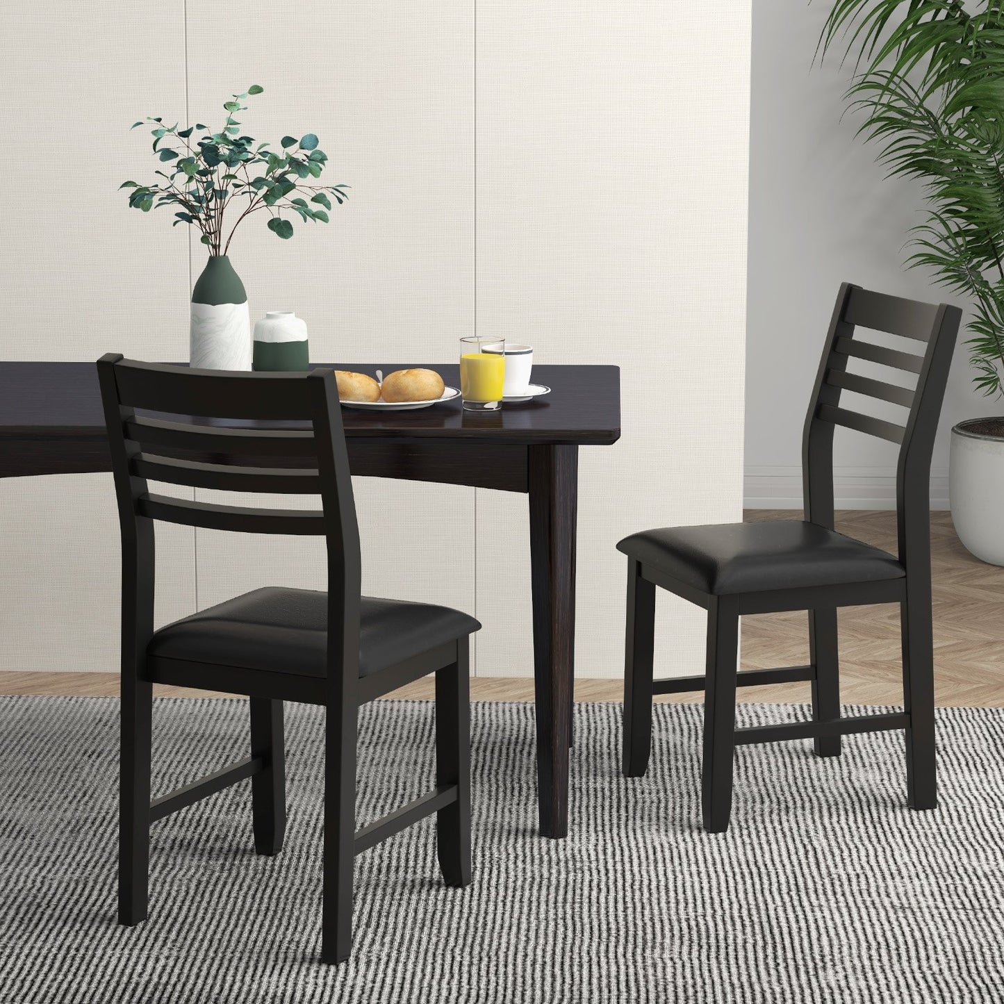 Wooden Dining Chair Set of 2 with Rubber Wood Frame Padded Cushion and Ladder Back-Black