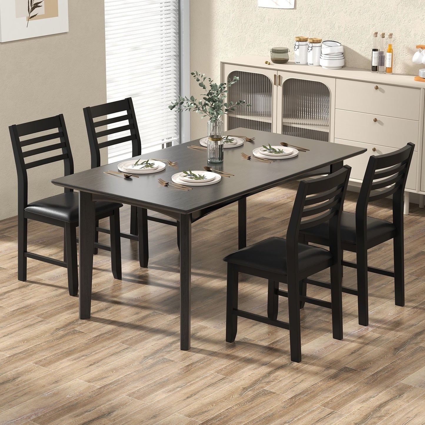 Wooden Dining Chair Set of 2 with Rubber Wood Frame Padded Cushion and Ladder Back-Black