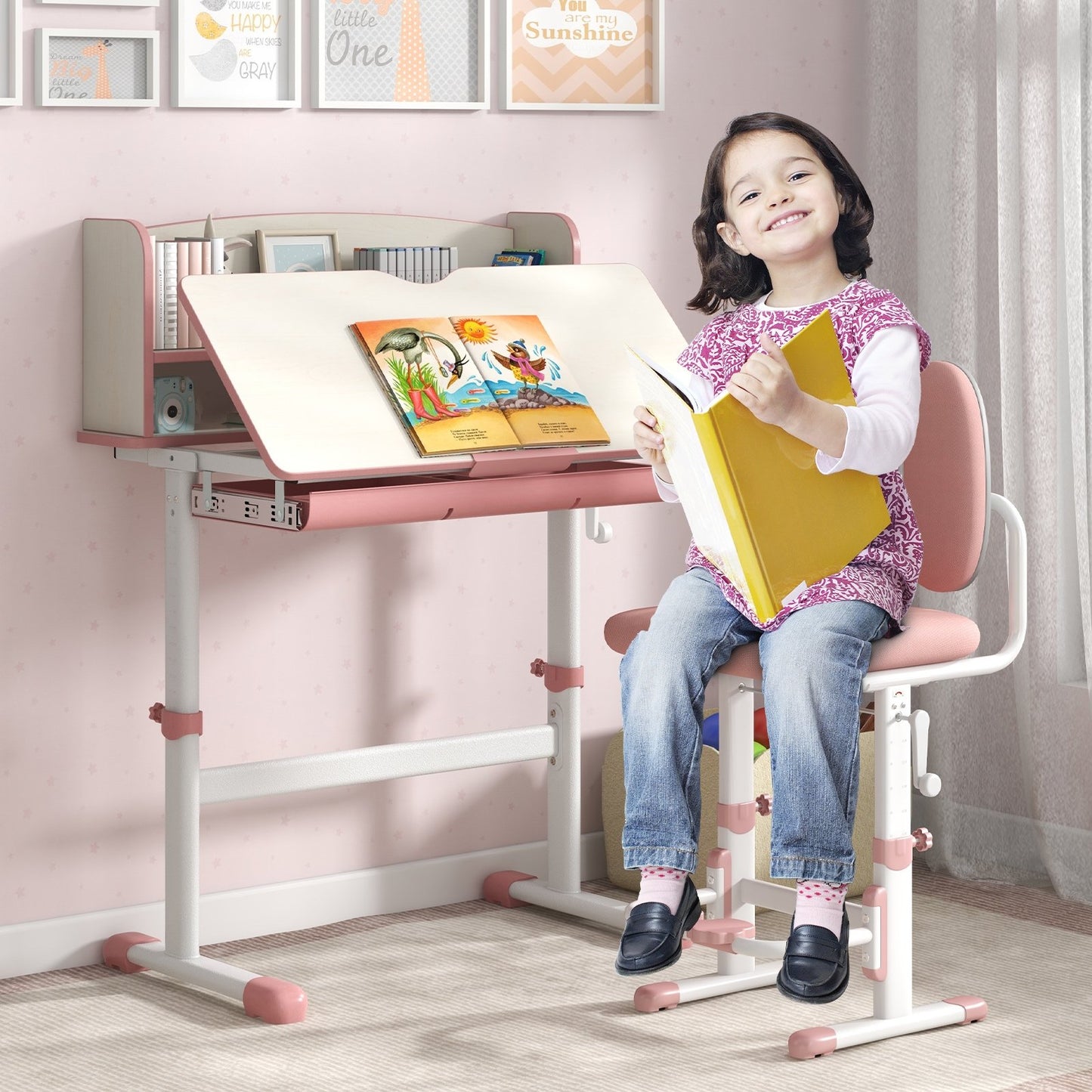 Height Adjustable Kids Study Desk with Tilt Desktop-Blue