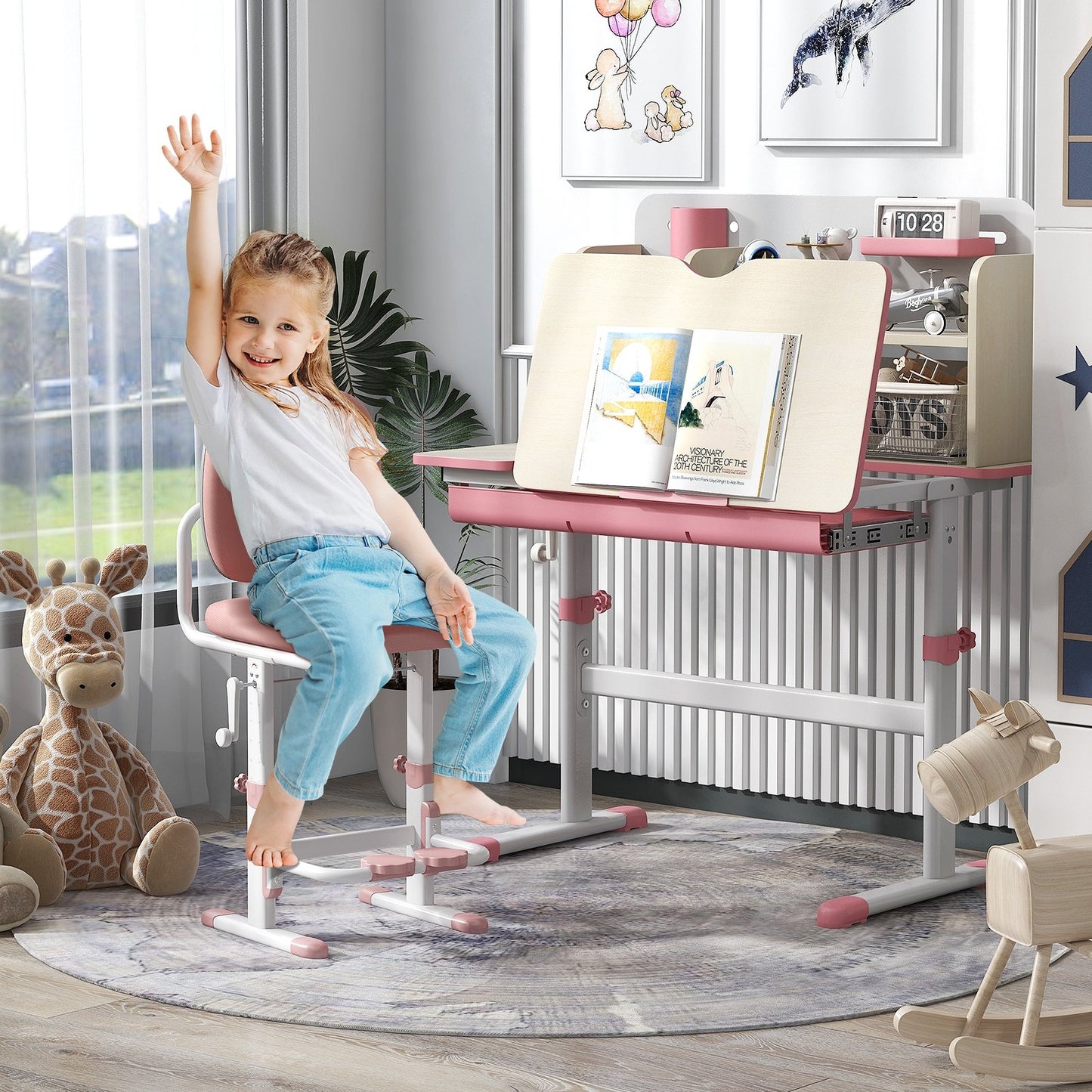 Height Adjustable Kids Study Desk with Tilt Desktop for 3-12 Years Old-Blue