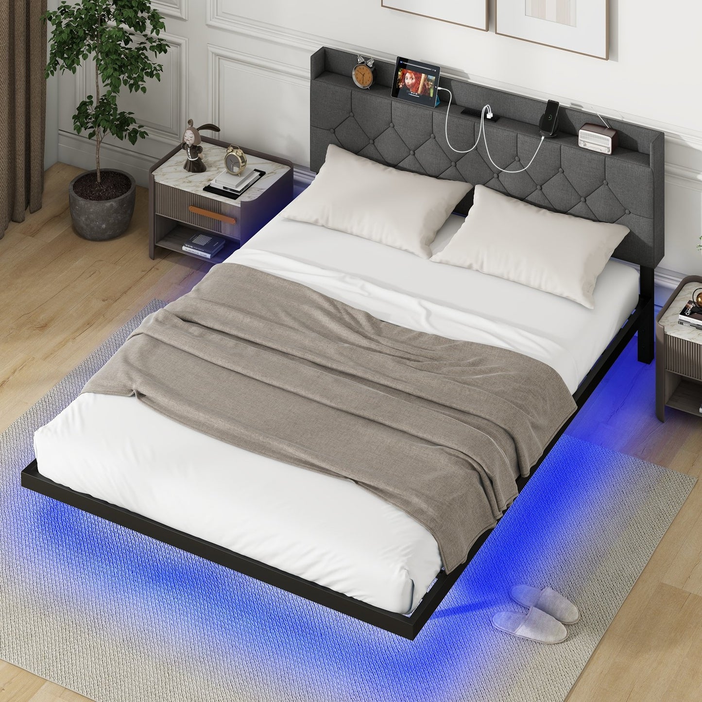 Full/Queen Size Floating Bed Frame with LED and Headboard and Charging Station-Full Size