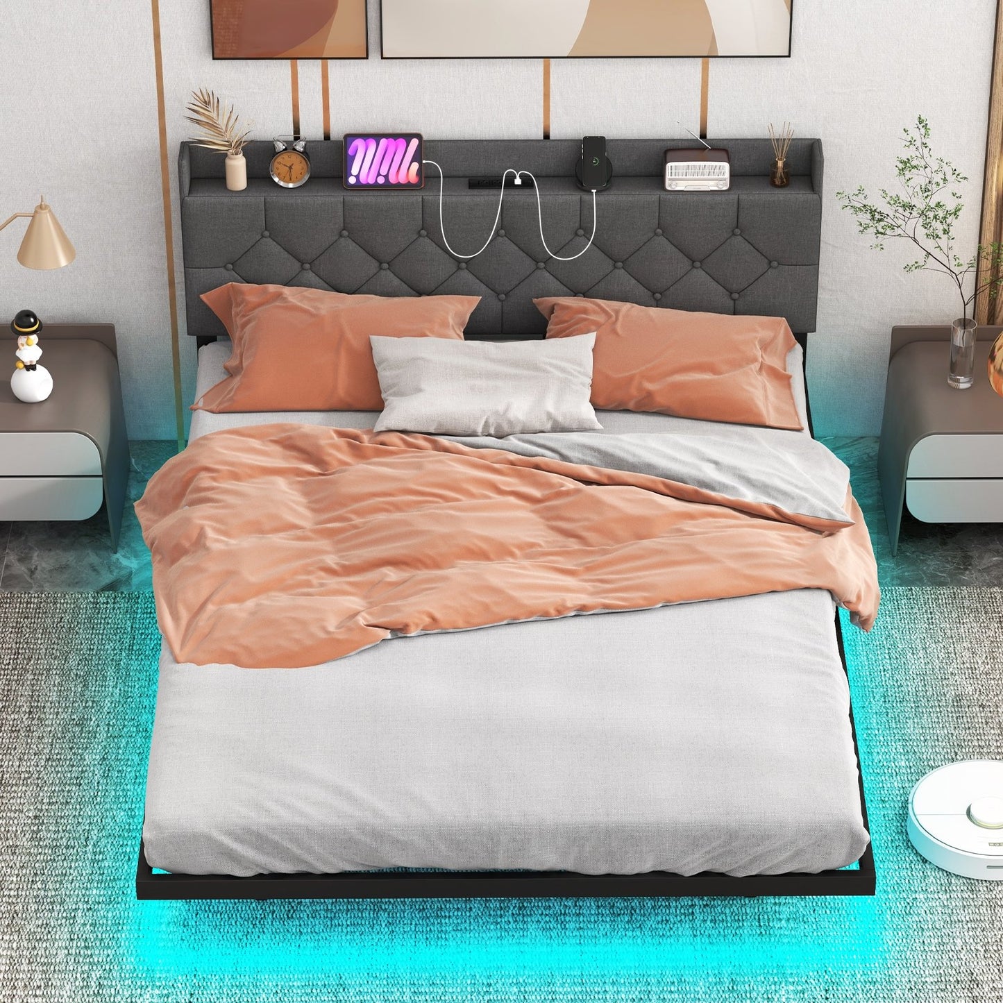Full/Queen Size Floating Bed Frame with LED and Headboard and Charging Station-Full Size