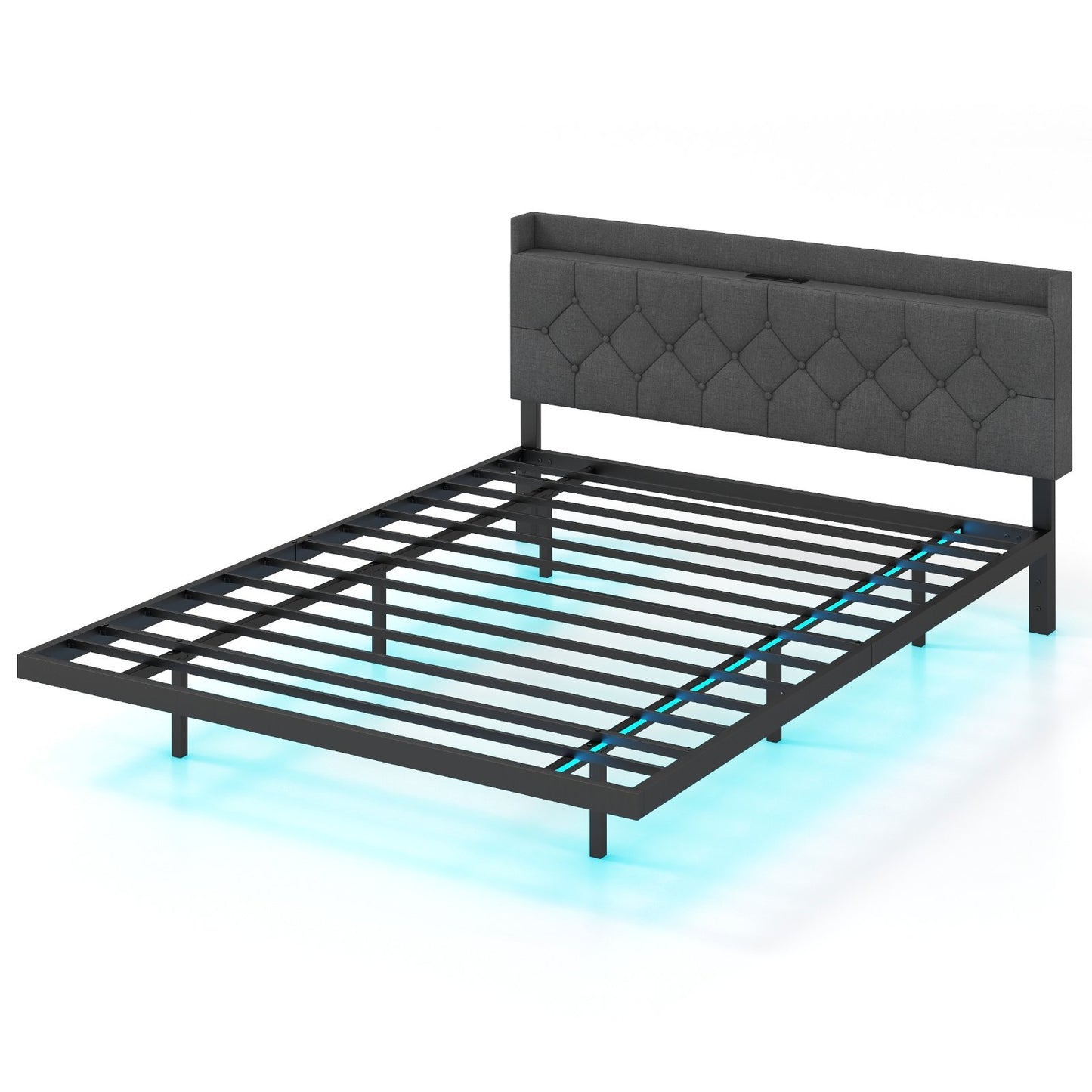 Full/Queen Size Floating Bed Frame with LED and Headboard and Charging Station-Full Size