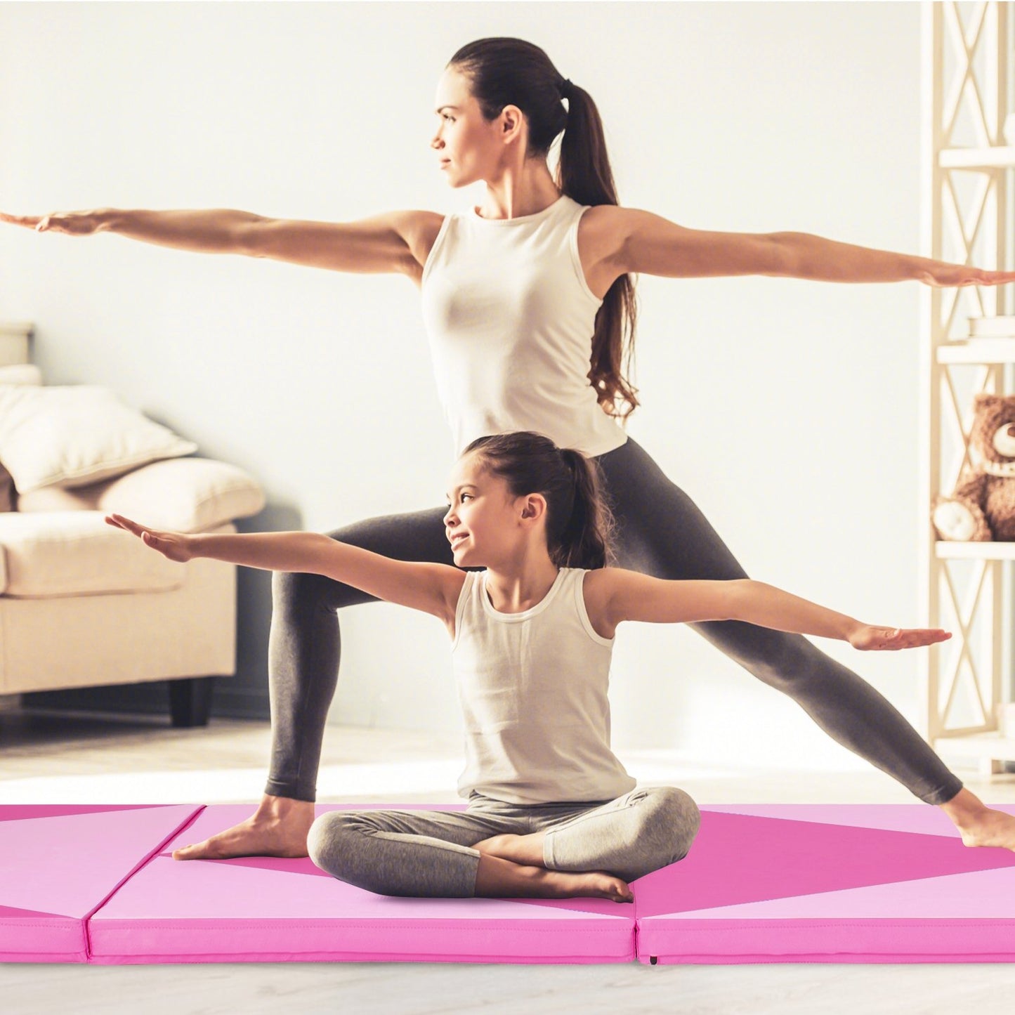 4-Panel PU Leather Folding Exercise Gym Mat with Hook and Loop Fasteners-Black & Pink