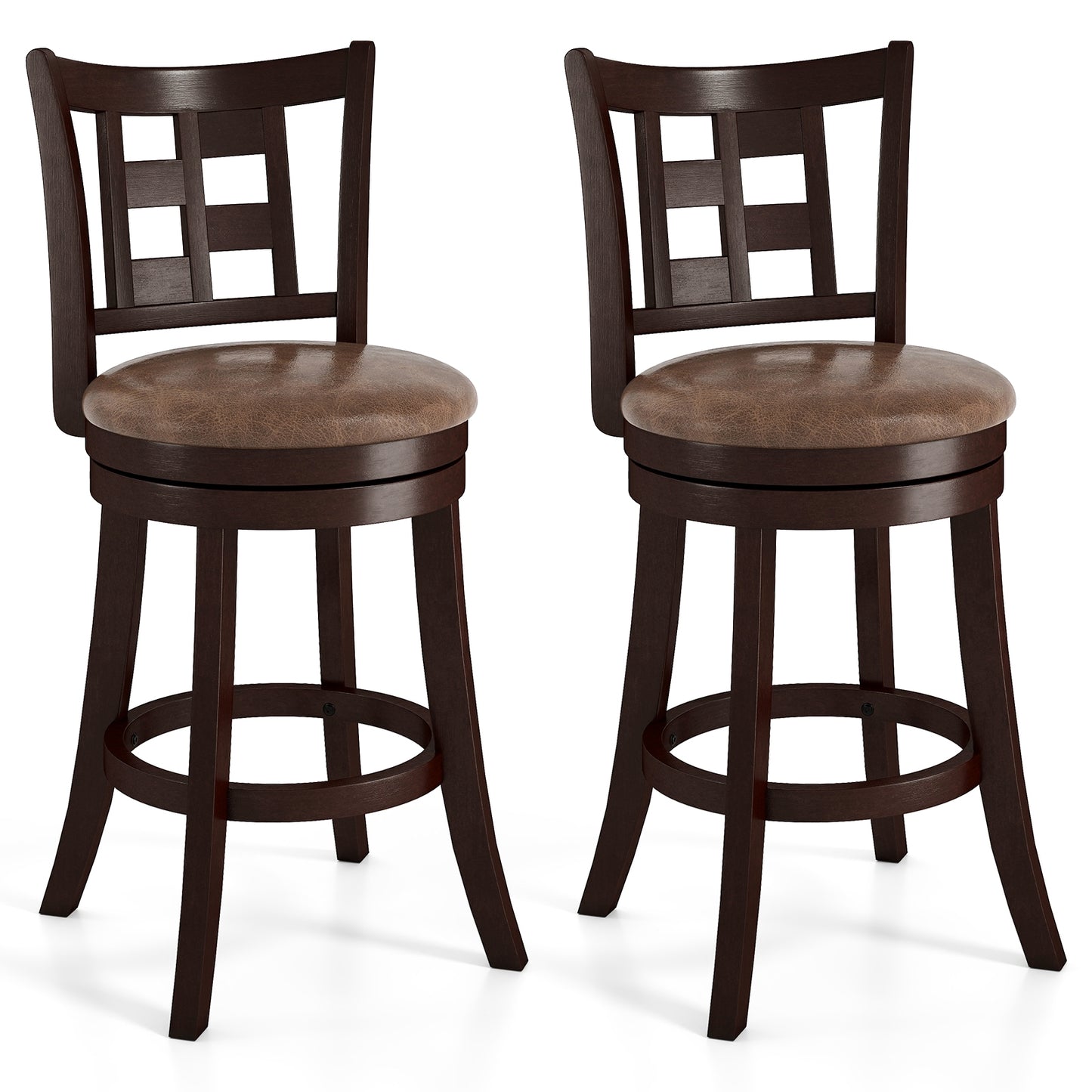 Set of 2 Bar Stools Swivel Bar Chairs with Footrest and Lattice Backrest-30 inches