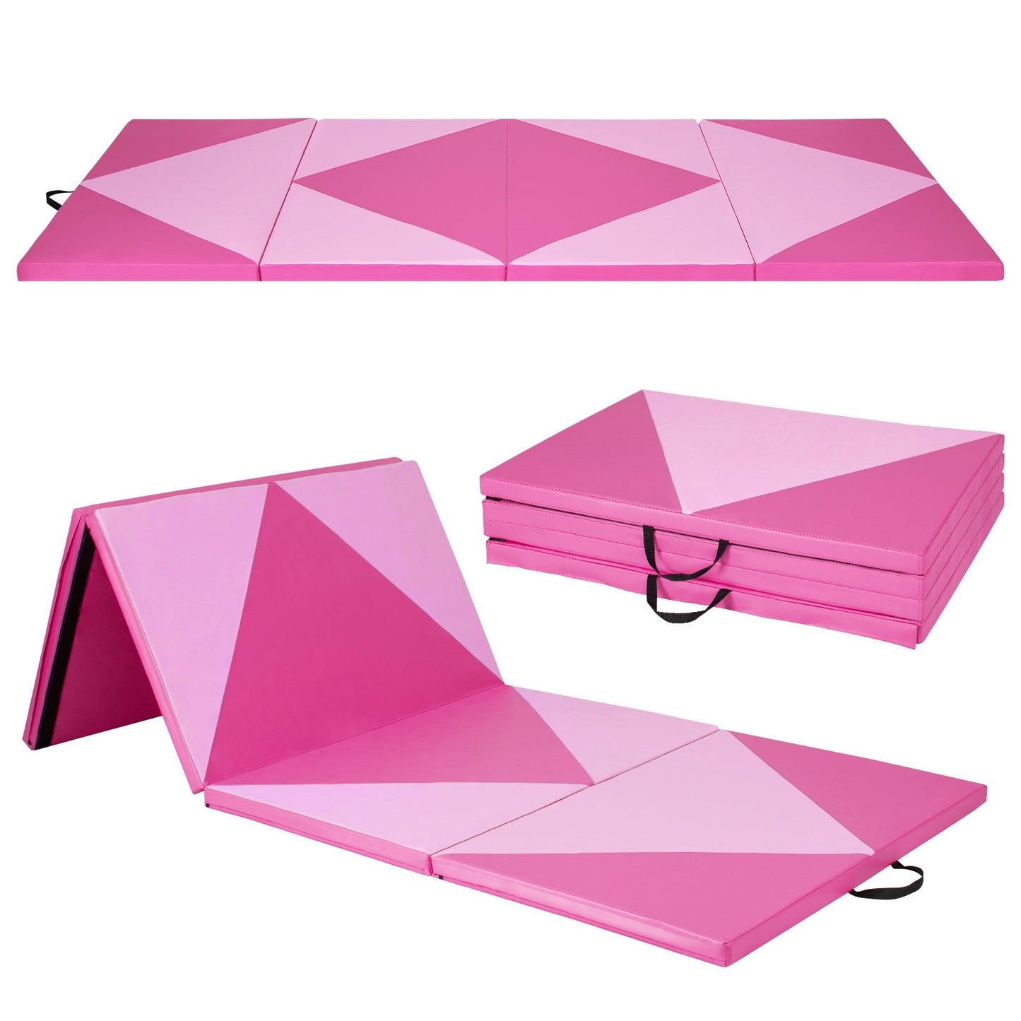4-Panel PU Leather Folding Exercise Gym Mat with Hook and Loop Fasteners-Black & Pink